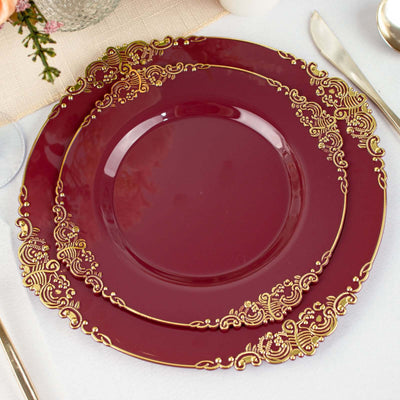 10-Pack Plastic 8" Round Dessert Plates in Burgundy with Gold Leaf Embossed Rim for Gatherings & Events