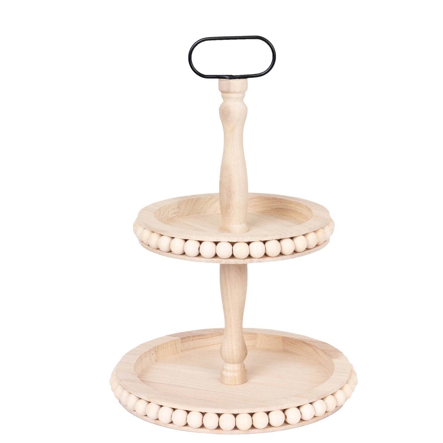 2-Tier Wooden Serving Tray Stand Beaded Design with Metal Handle Natural - Round Rustic Farmhouse Cupcake Display 17"