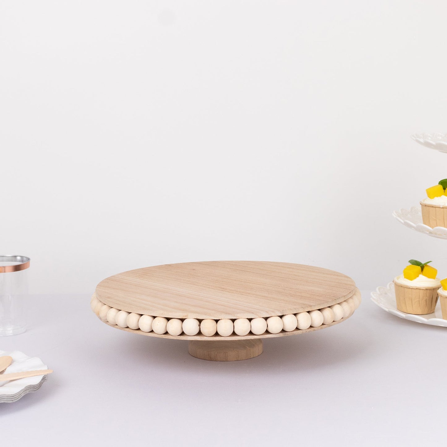 Wooden Pedestal Cake Stand Round Rustic Design with Beaded Edge Natural - Farmhouse Cupcake Holder Serving Tray 12"