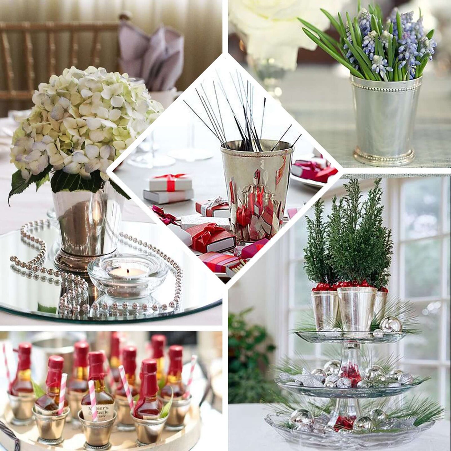 2" Small Silver Metal Beaded Rim Mint Julep Cups, Party Favor Jars