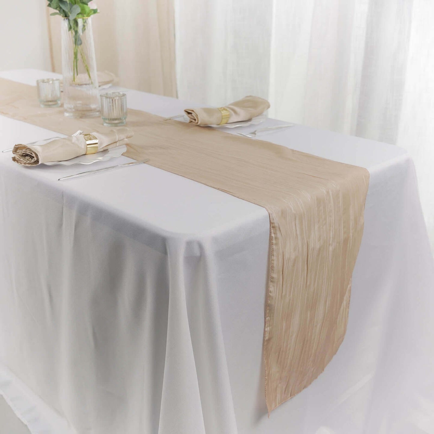Taffeta 12"x108" Table Runner Beige - Accordion Crinkle Design