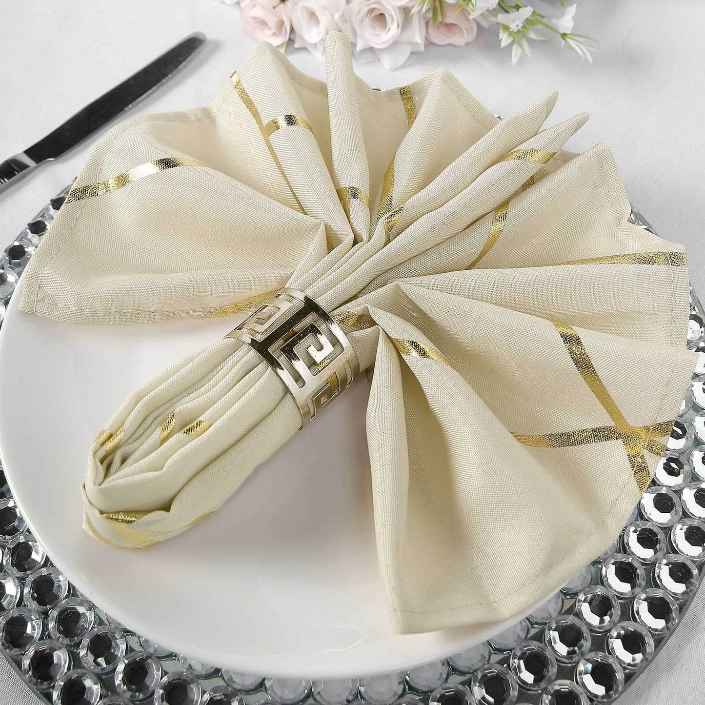 5 Pack Polyester 20"x20" Napkins Beige with Gold Geometric Foil Pattern - Modern Reusable Dinner Napkins