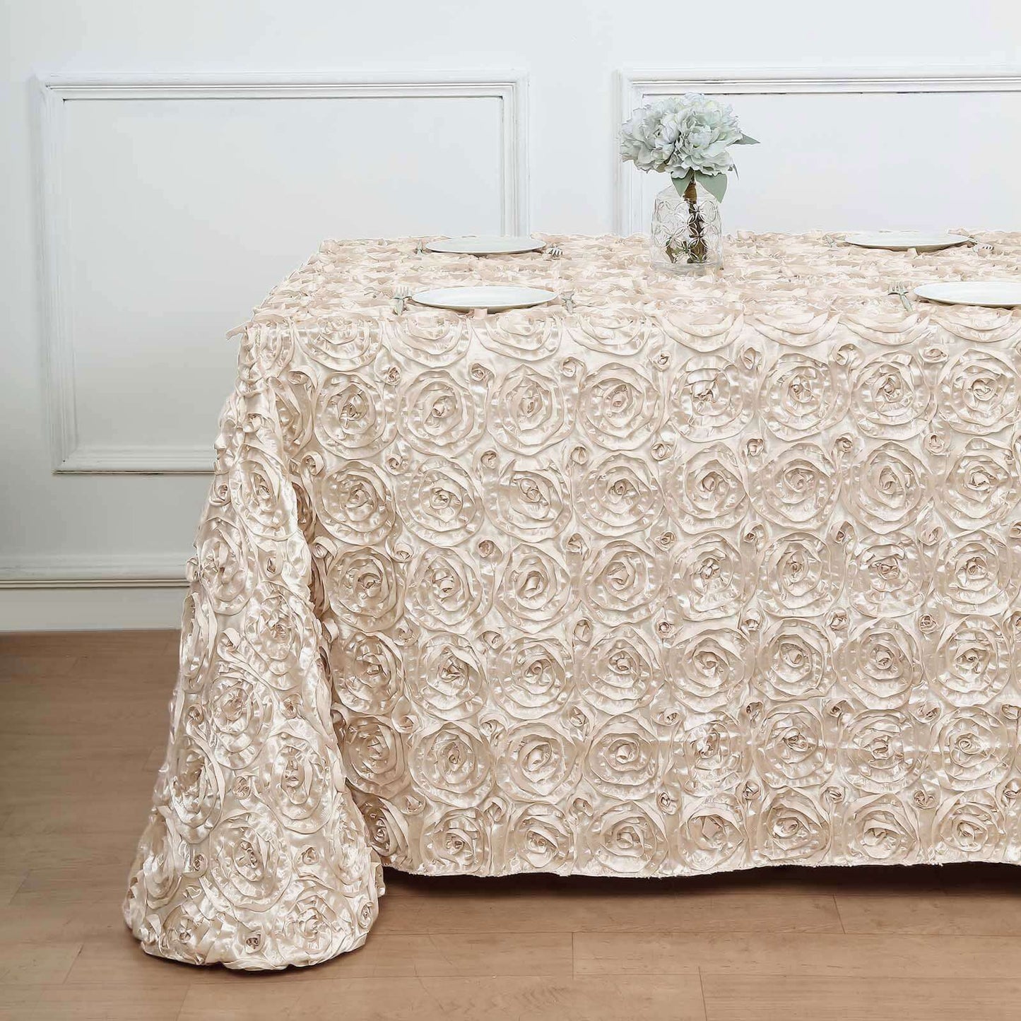 Satin 90"x132" Rectangle Tablecloth Beige - Grandiose 3D Rosette Seamless Table Cover