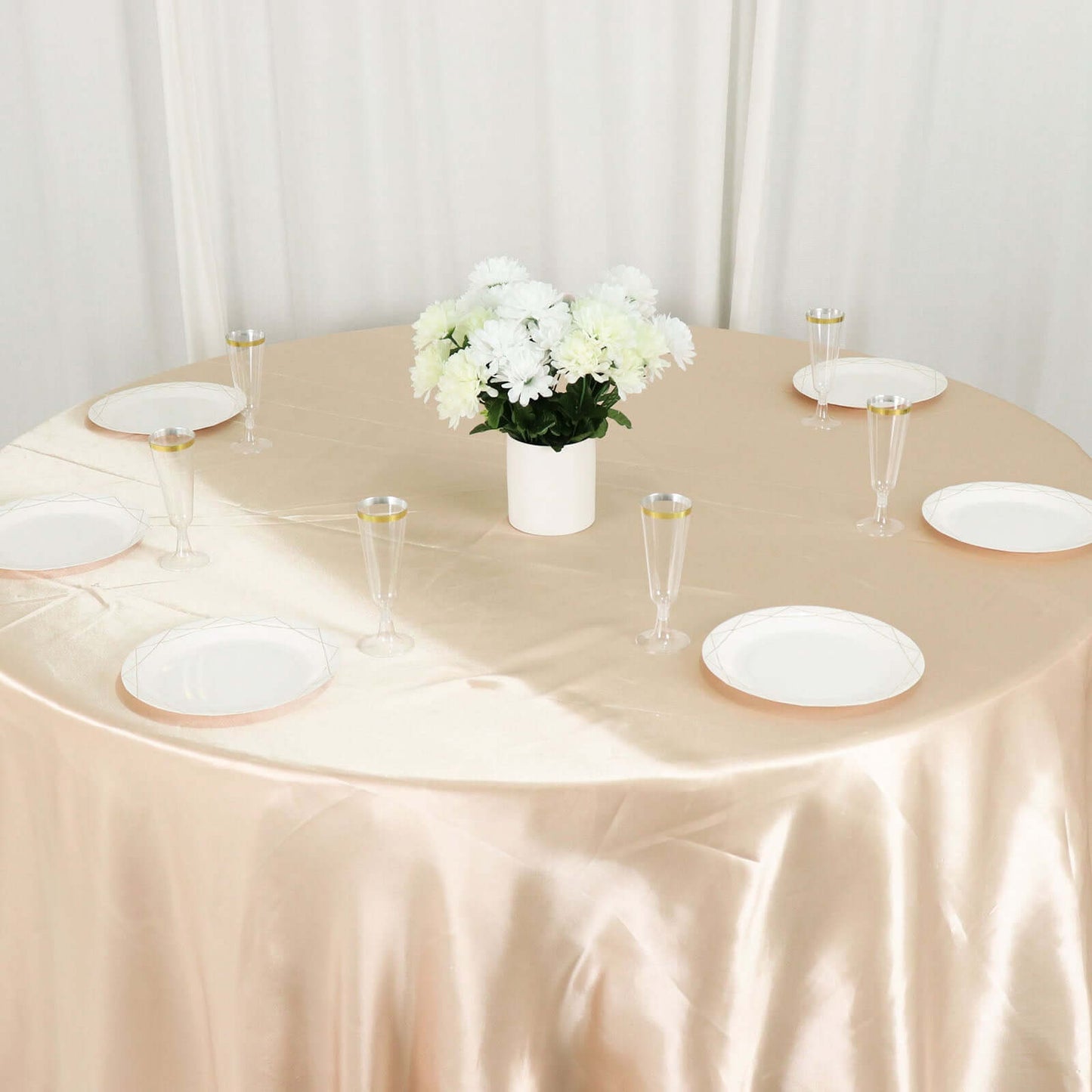 Satin 132" Round Tablecloth Beige - Stylish Seamless Table Cover