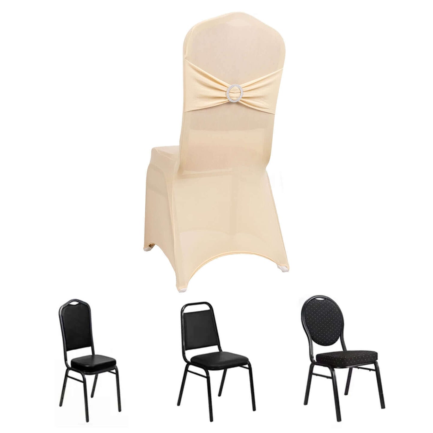 Spandex Chair Cover with Silver Rhinestone Buckled Sash Band Beige - Stretch Fitted Slipcover
