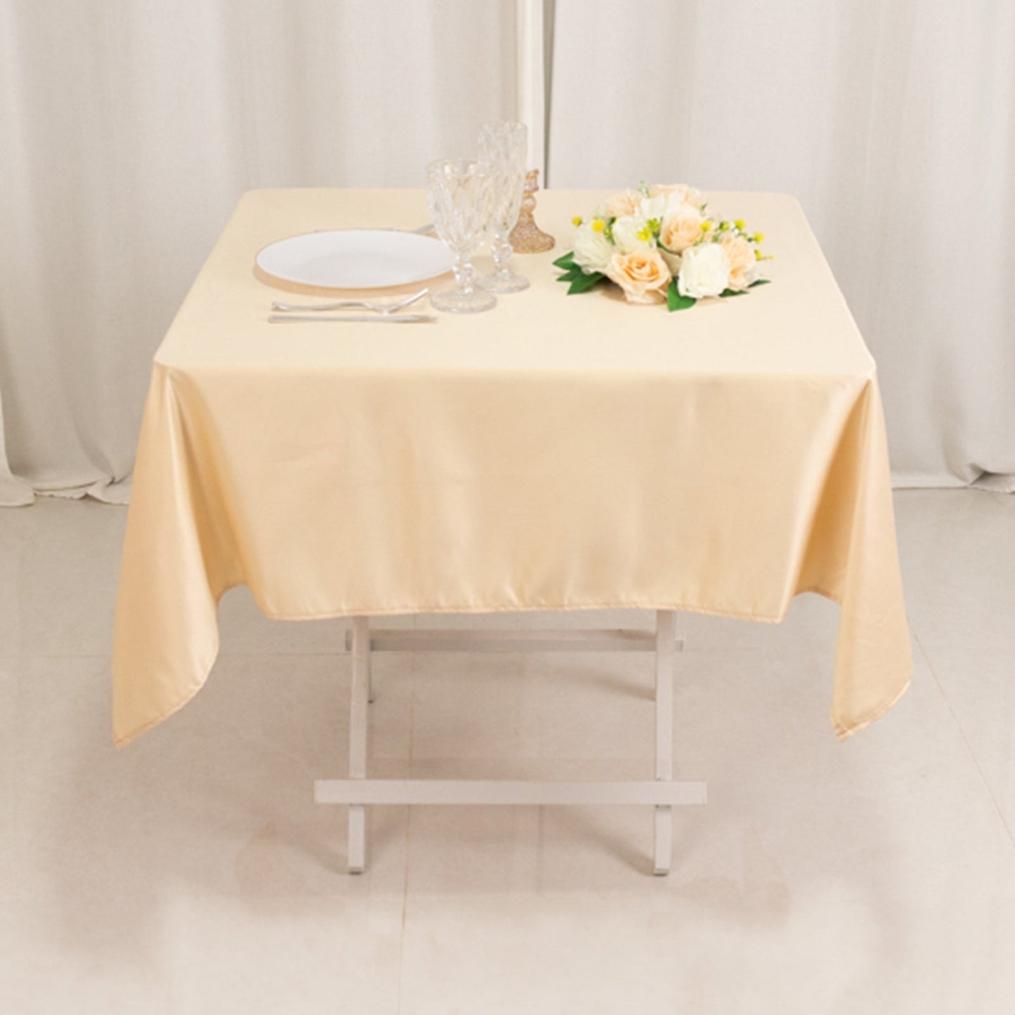 Lamour Satin 54"x54" Square Tablecloth Beige - Durable & Silk-Like Table Cover