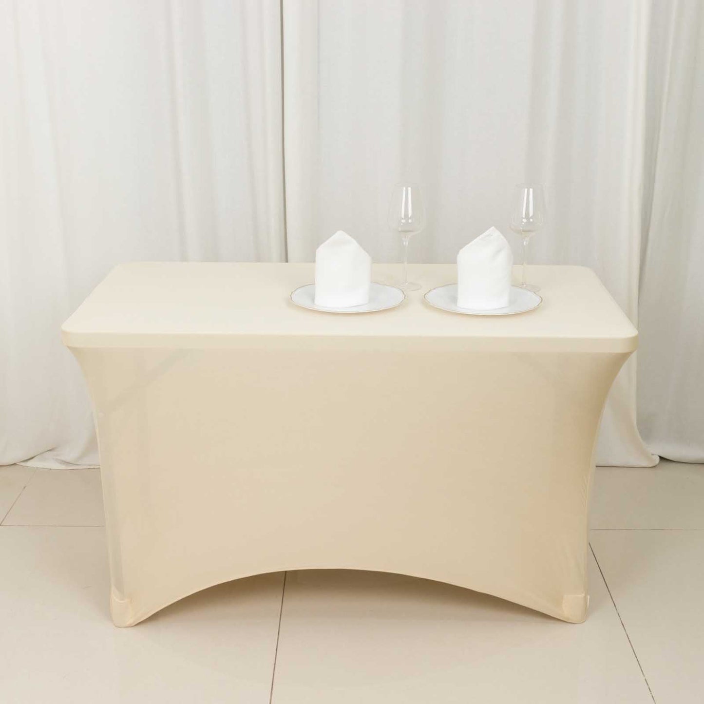 Stretch Spandex 48"x30" Rectangle Tablecloth Beige - Durable Form-Fitting Table Cover