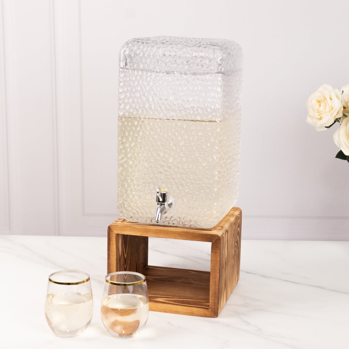Gallon Clear Hammered Glass Beverage Dispenser, Rectangular Juice Jar with Wooden Stand and Lid - Lead-Free Countertop Feature 19"