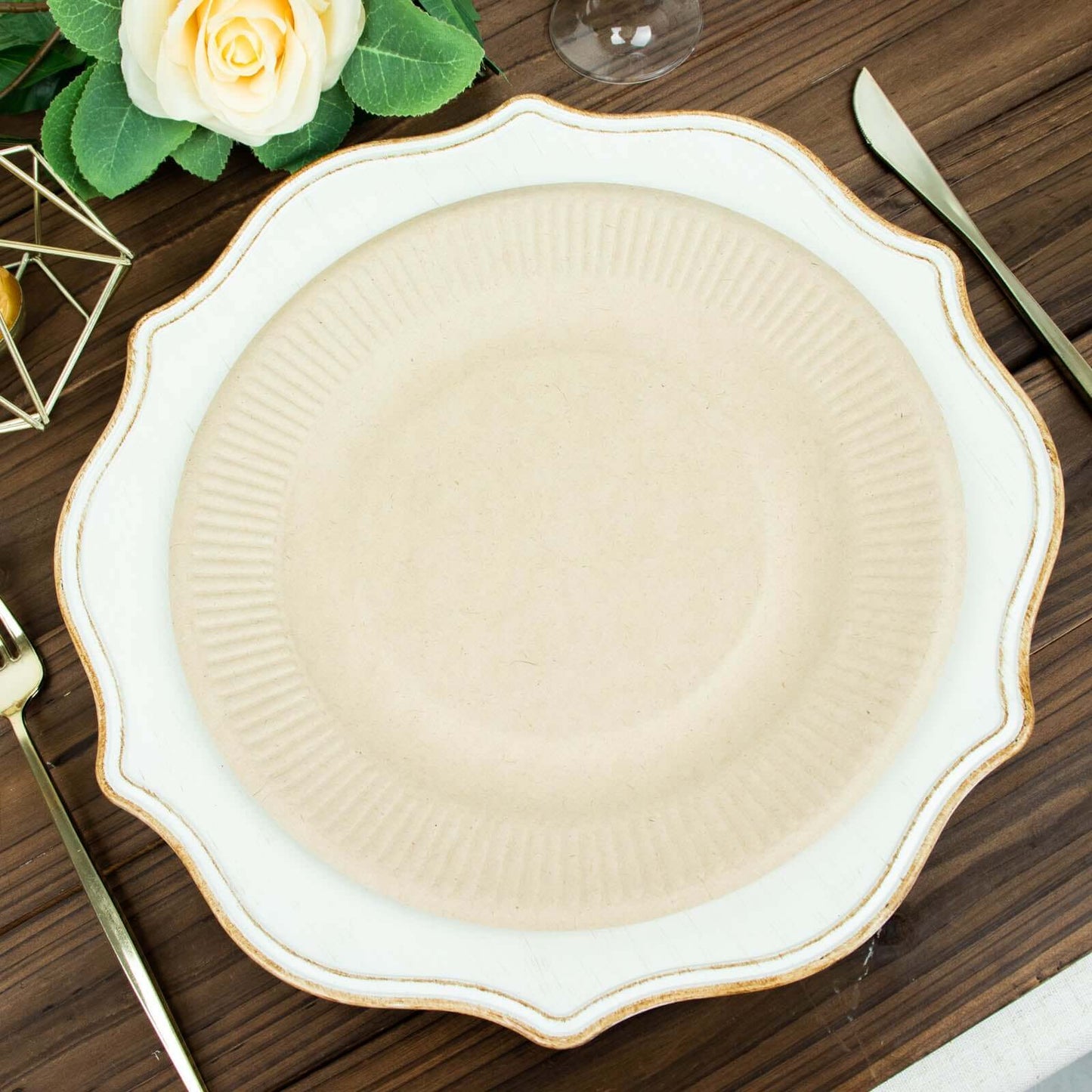 50-Pack Bagasse 10" Round Dinner Plates in Natural with Ribbed Rim - Eco Friendly Biodegradable Sugarcane Party Plates for Events