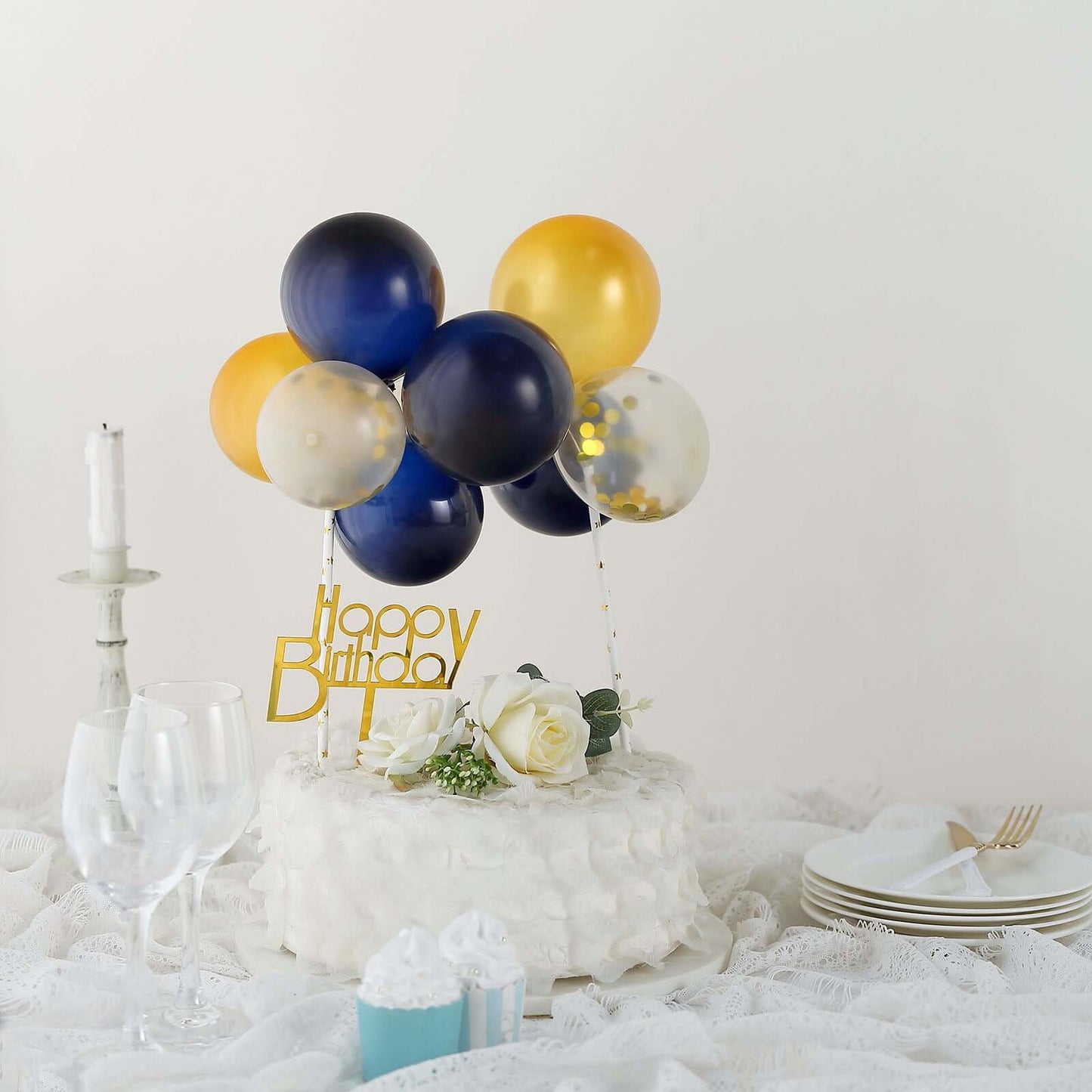 11 Pcs Balloon Cake Topper Clear, Gold and Navy Blue - Whimsical Clustered Mini Garland Cake Inserts DIY Party Decorations