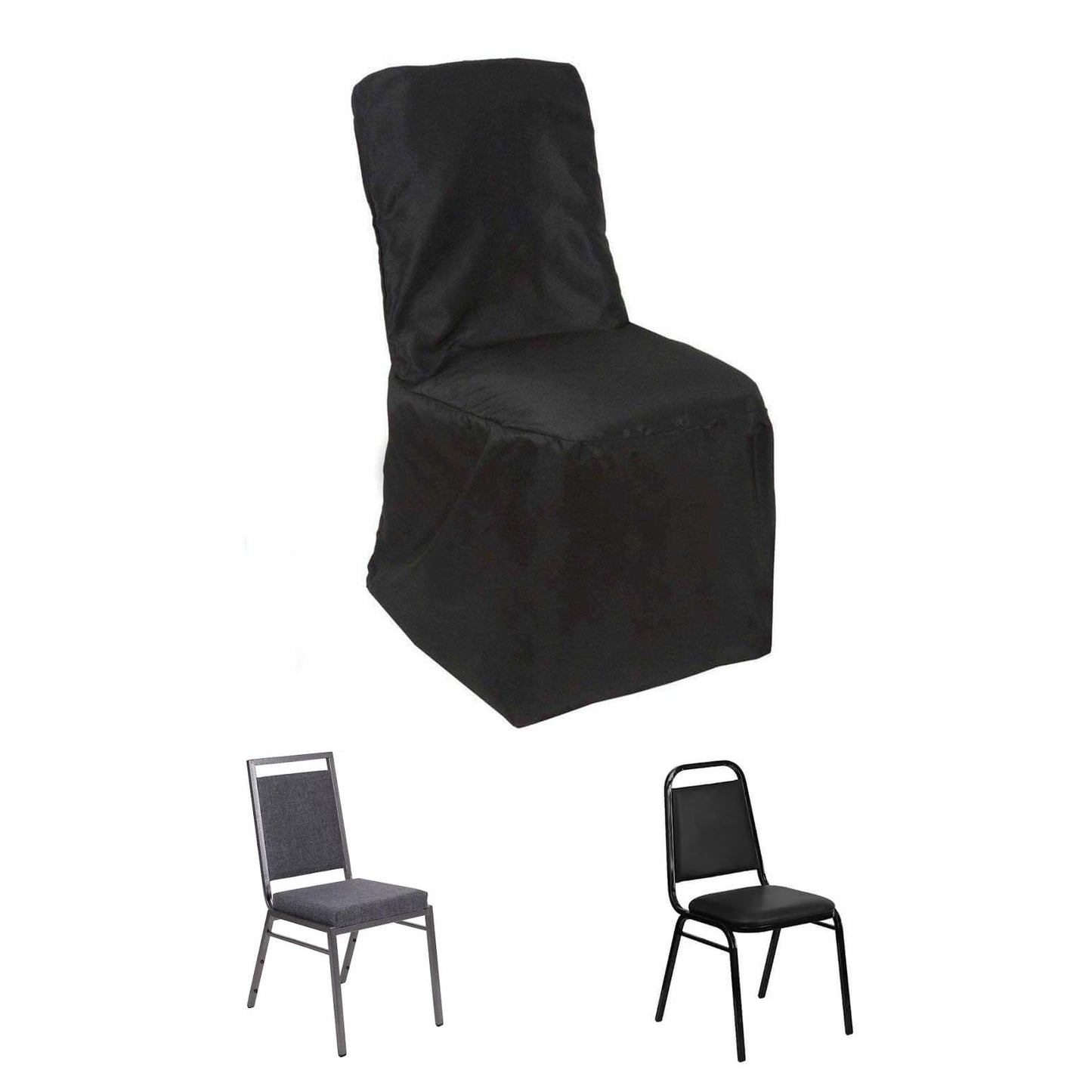 Polyester Chair Cover with Square Top for Banquet Chairs Black - Durable Reusable Slip-On Cover