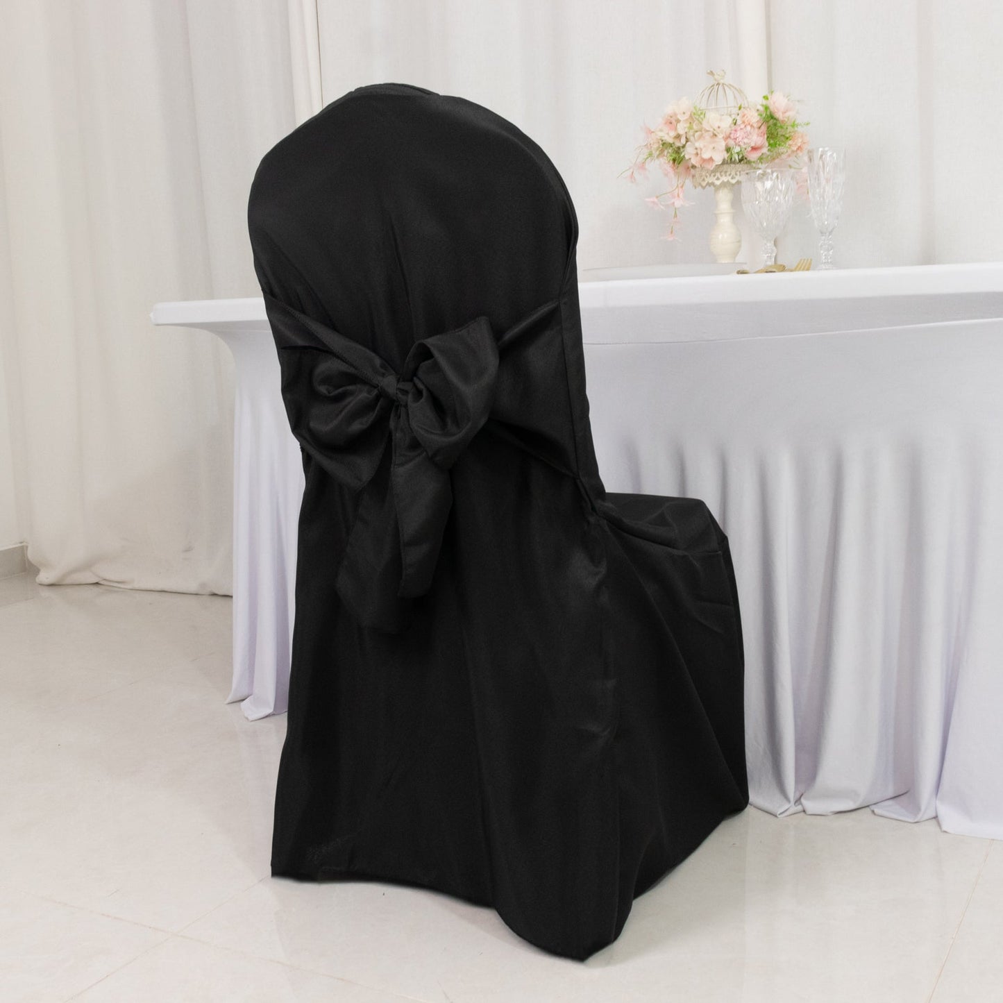 10-Pack Polyester Slip-On Banquet Chair Covers with Attached Sashes â€“ Black Reusable Stain-Resistant Covers for Wedding & Event Decor