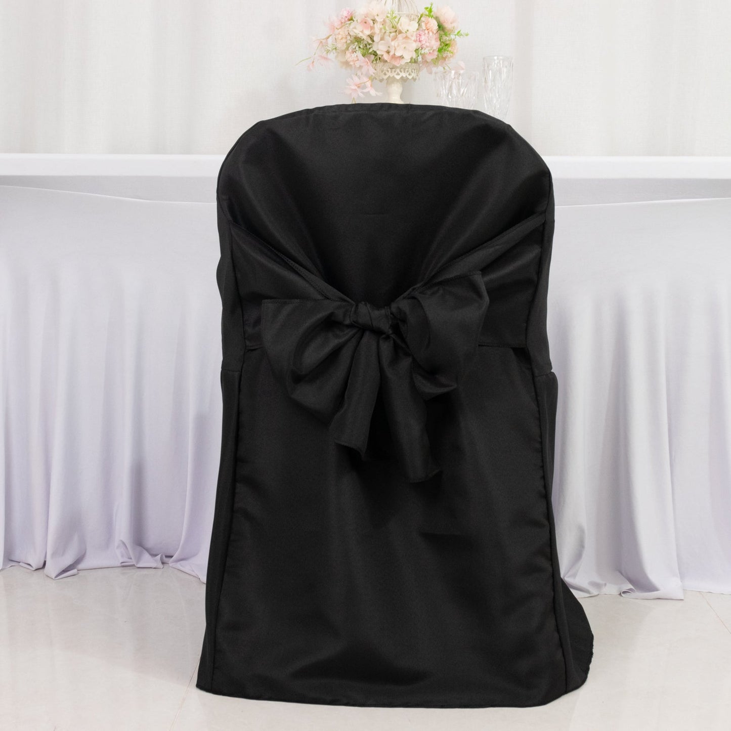 10-Pack Polyester Slip-On Folding Chair Covers with Attached Sashes â€“ Black Durable Reusable Covers for Wedding & Event Decor