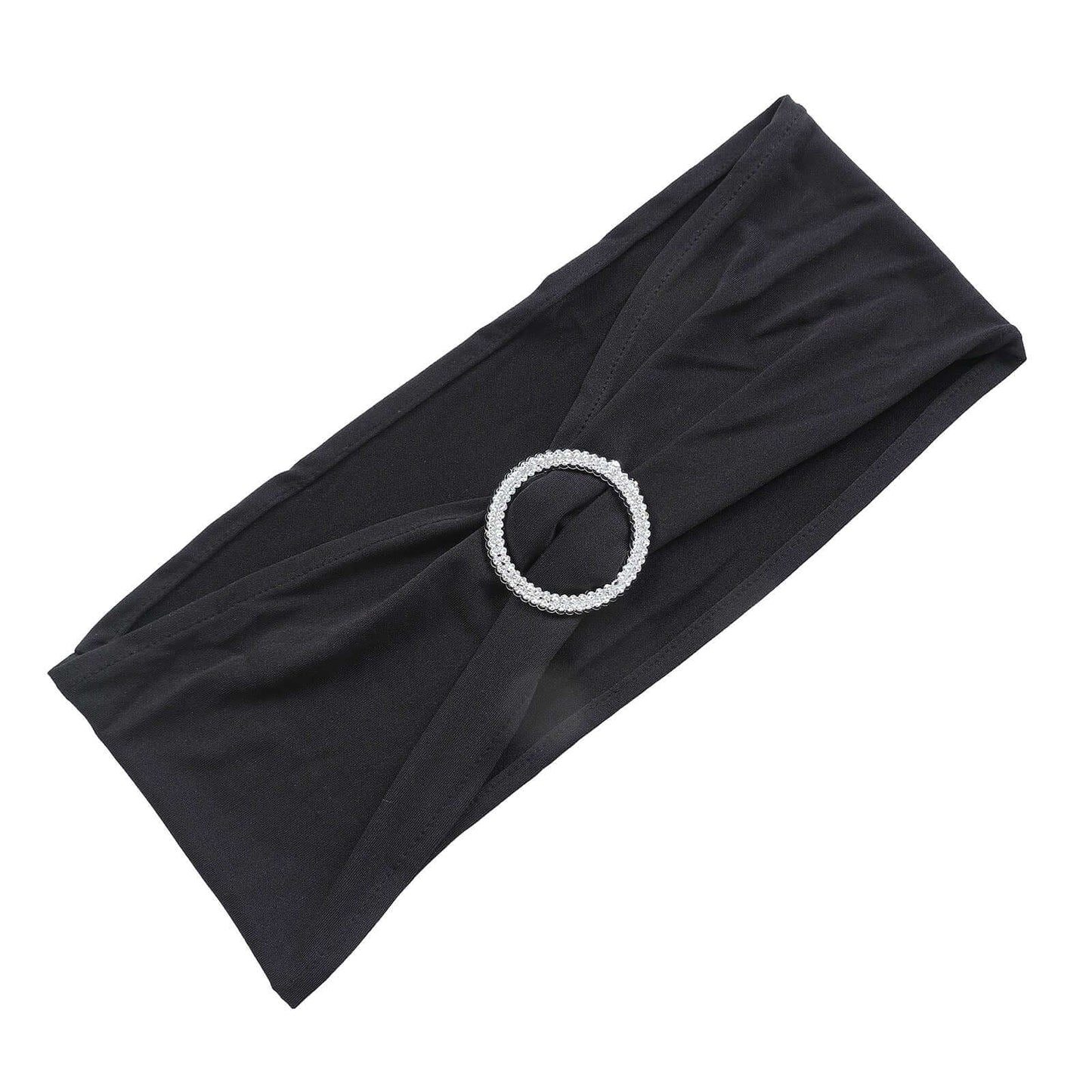 5 Pack Stretch Spandex Chair Sashes Black - Classy Reusable Chair Bands with Silver Diamond Ring Slide Buckle 5"x14"