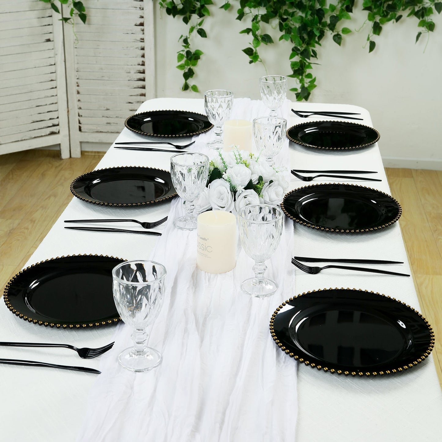 10-Pack Black Plastic Dessert Plates â€“ 8" Round with Gold Beaded Rim, Disposable for Parties & Events