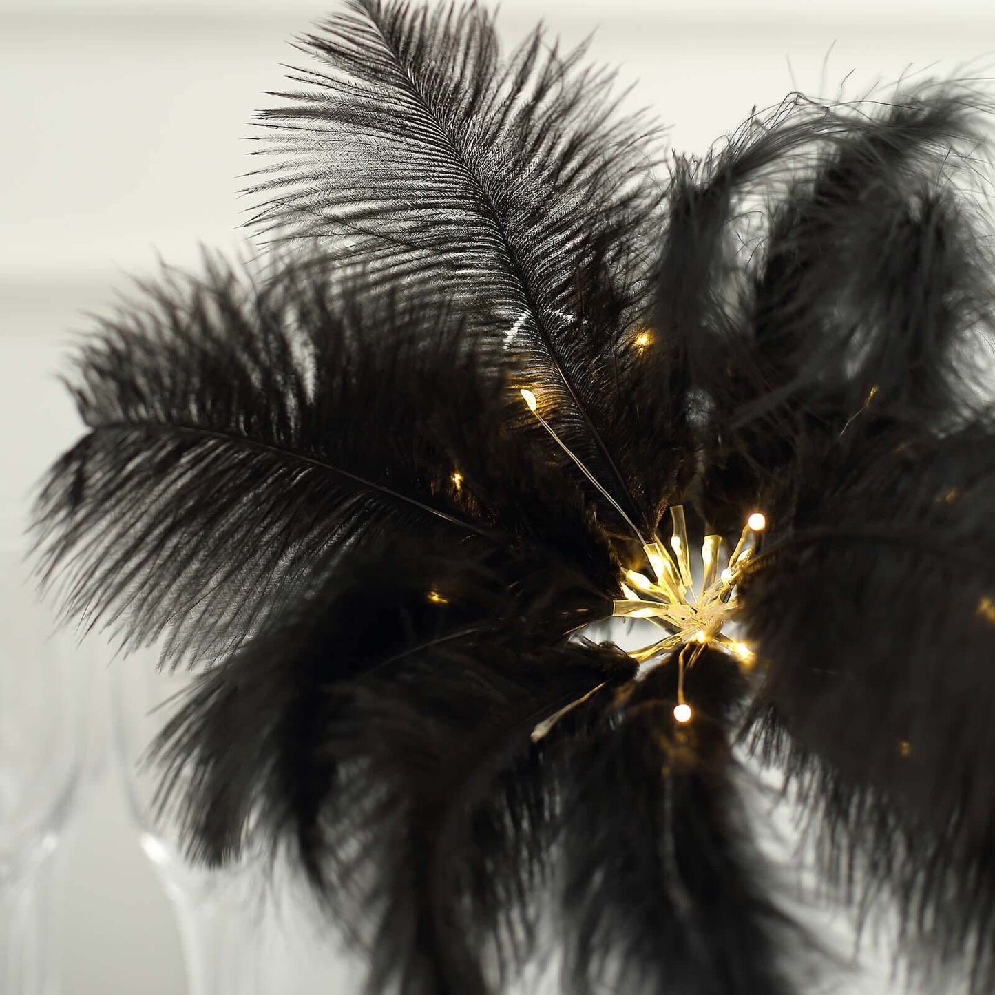 Table Lamp Ostrich Feather Design Black LED Battery Operated - Cordless Wedding Centerpiece 15"