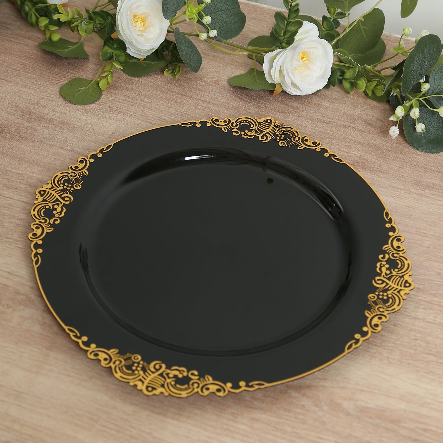 20-Pack Economy Plastic Round Charger Plates 13" in Black with Gold Embossed Baroque Rim, Stylish Dinner Party Serving Plates