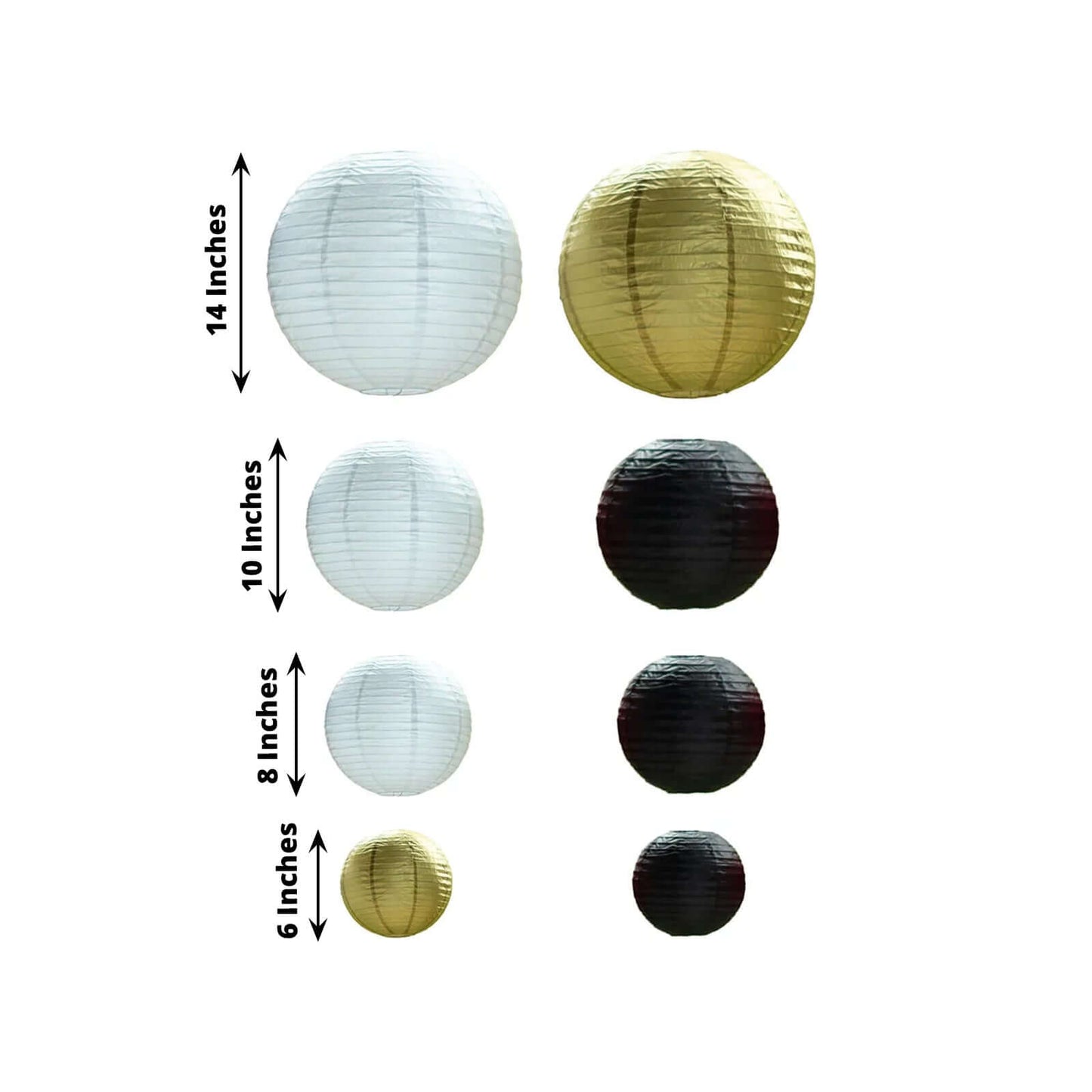 Set of 8 Mixed Black Gold Hanging Paper Lanterns, Decorative Round Chinese Sky Lanterns, Assorted Sizes - 6",8",10",14"
