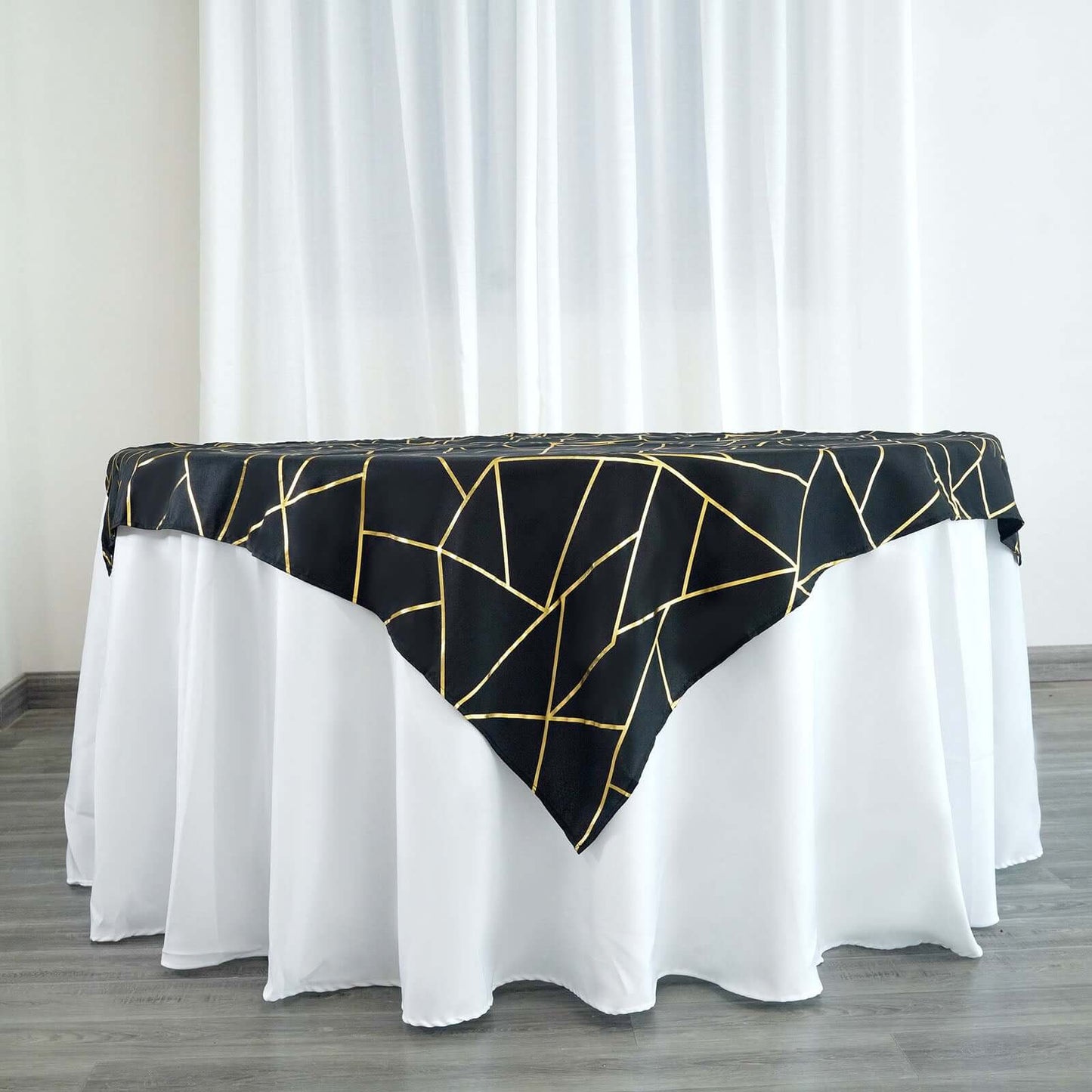 Polyester 54"x54" Table Overlay Square Tablecloth Black with Gold Foil Geometric Pattern - Wrinkle-Resistant & Durable Table Topper