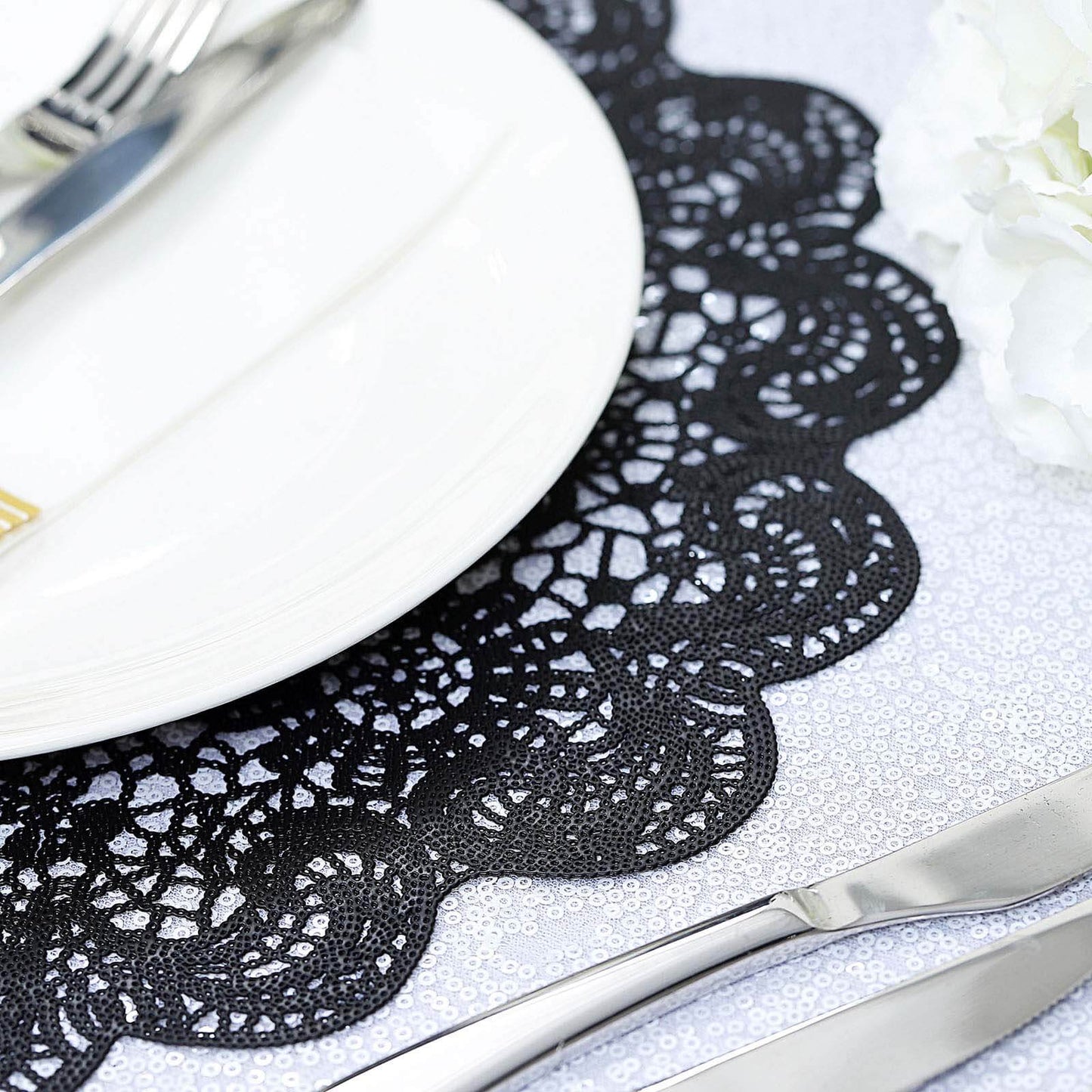 6-Pack Dining Table Mats Floral Lace Design Black - Vinyl Non-Slip Surface with Vintage Appeal 15"