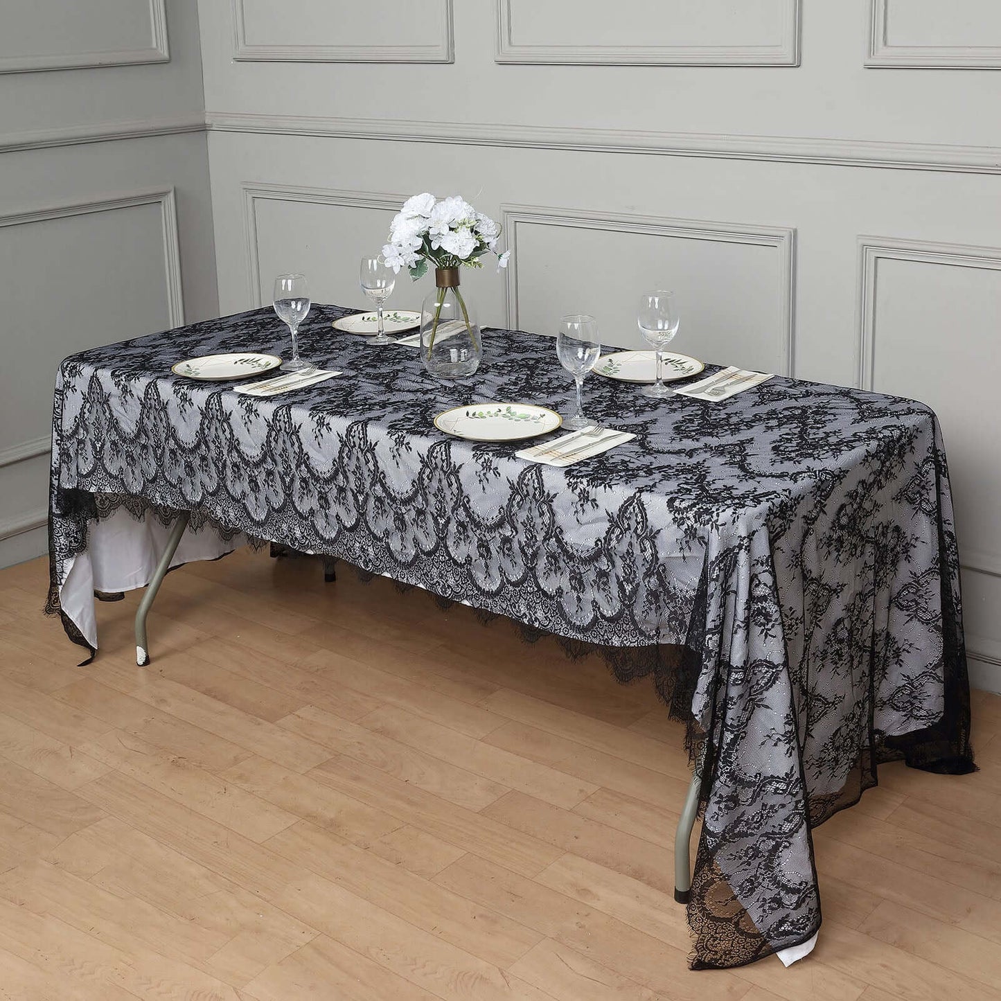 Lace 60"x120" Rectangle Tablecloth Black - Vintage Lace Design with Scalloped Frill Edges