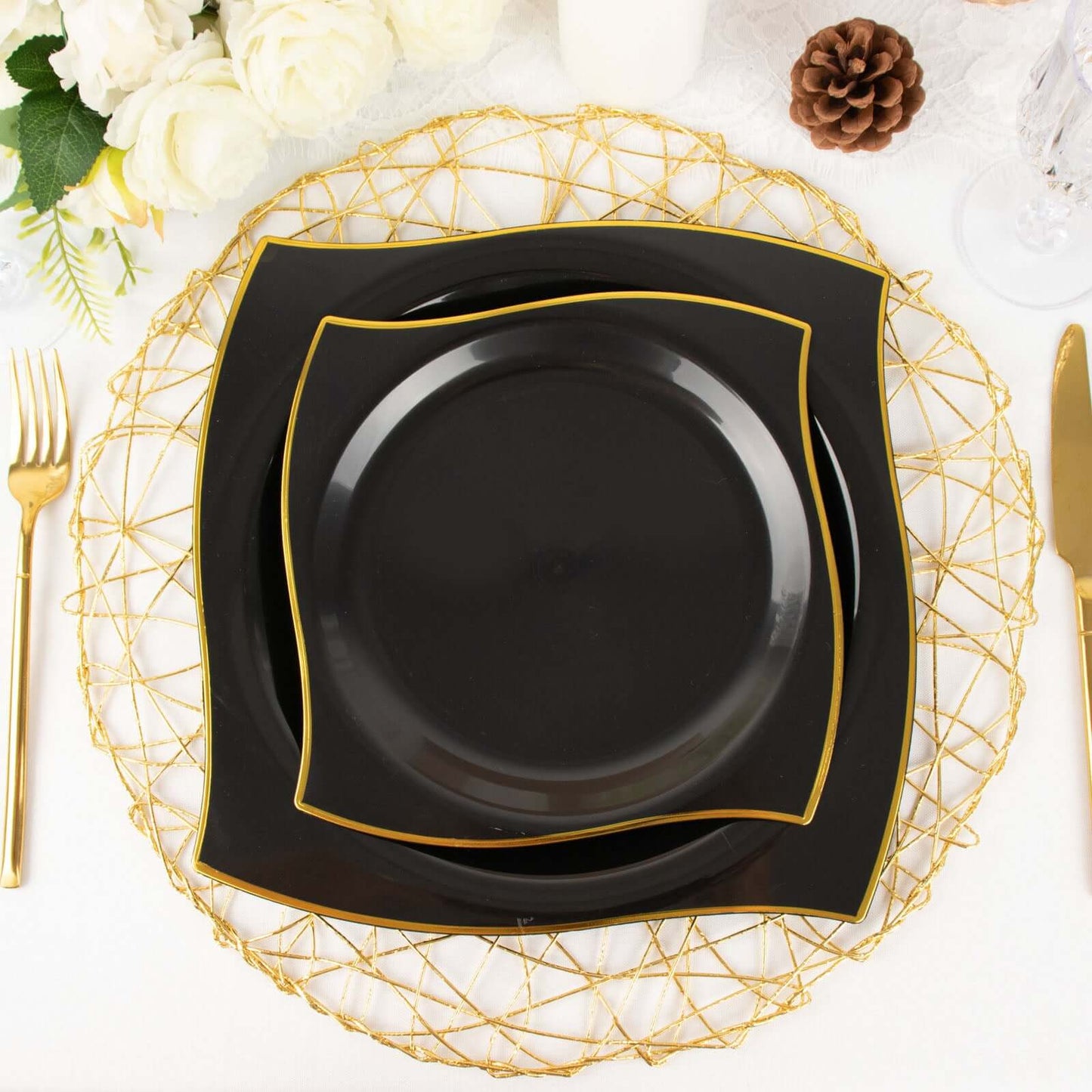 10-Pack Plastic 10" Square Dinner Plates in Black with Gold Wavy Rim Modern - Disposable Party Plates