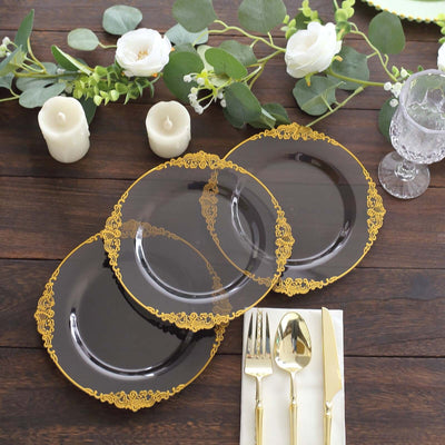 10-Pack Plastic 8" Round Dessert Plates in Transparent Black with Gold Leaf Embossed Rim - Disposable Vintage Baroque Style Salad Plates