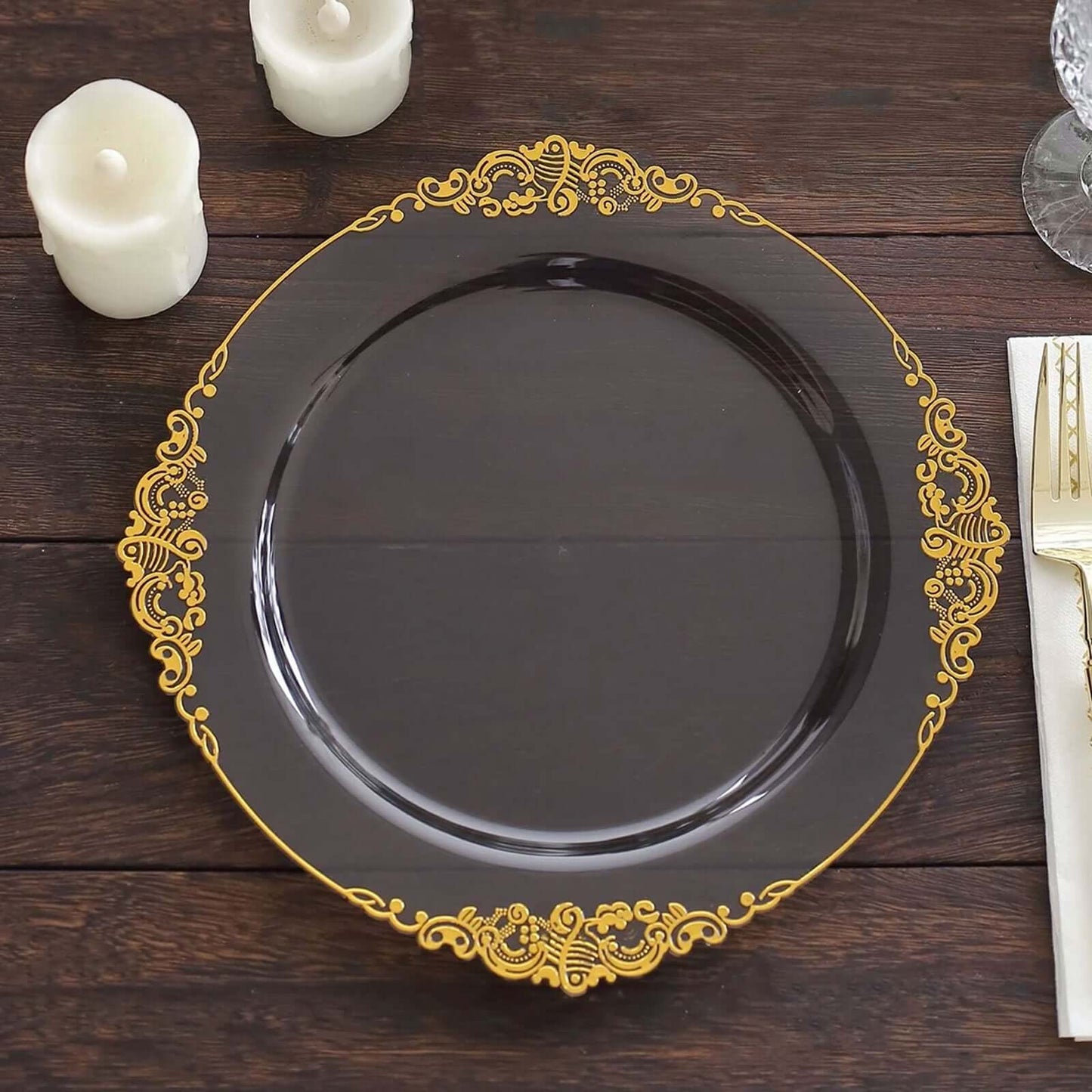 10-Pack Plastic 10" Round Dinner Plates in Transparent Black with Gold Leaf Embossed Rim - Disposable Vintage Baroque Style Plates