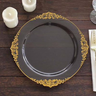 10-Pack Plastic 10" Round Dinner Plates in Transparent Black with Gold Leaf Embossed Rim - Disposable Vintage Baroque Style Plates