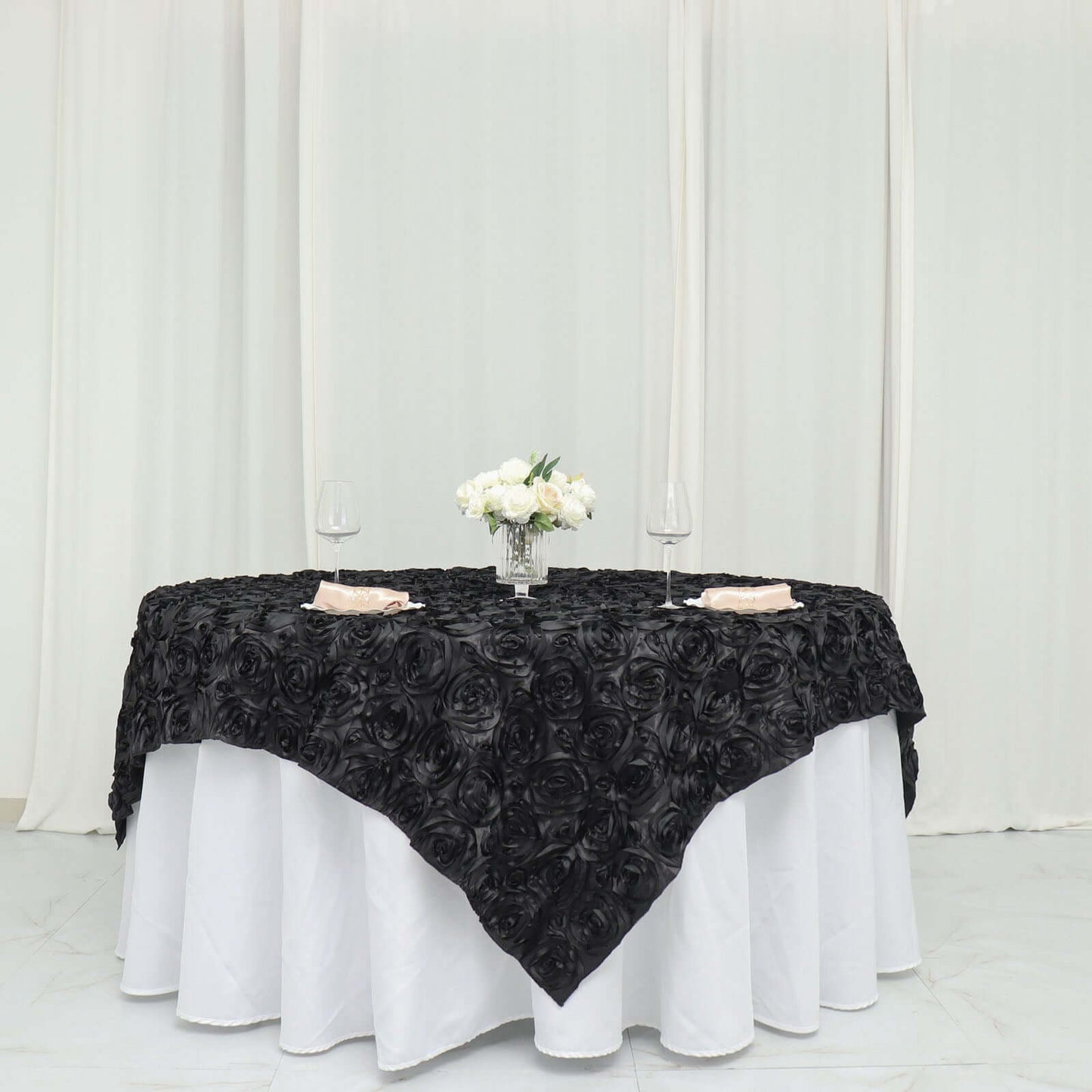 Satin 72"x72" Table Overlay Square Tablecloth Black - 3D Rosette Design for Stylish Occasions