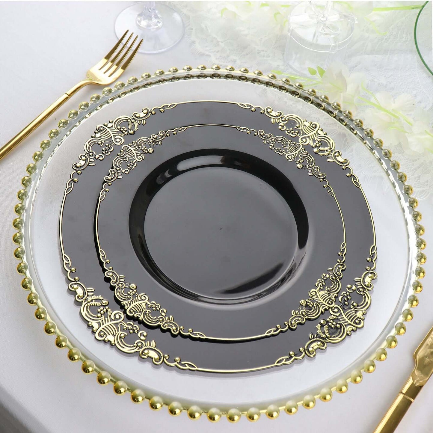 10-Pack Plastic 8" Round Dessert Plates in Black with Gold Leaf Embossed Rim - Disposable Vintage Baroque Style Salad Plates