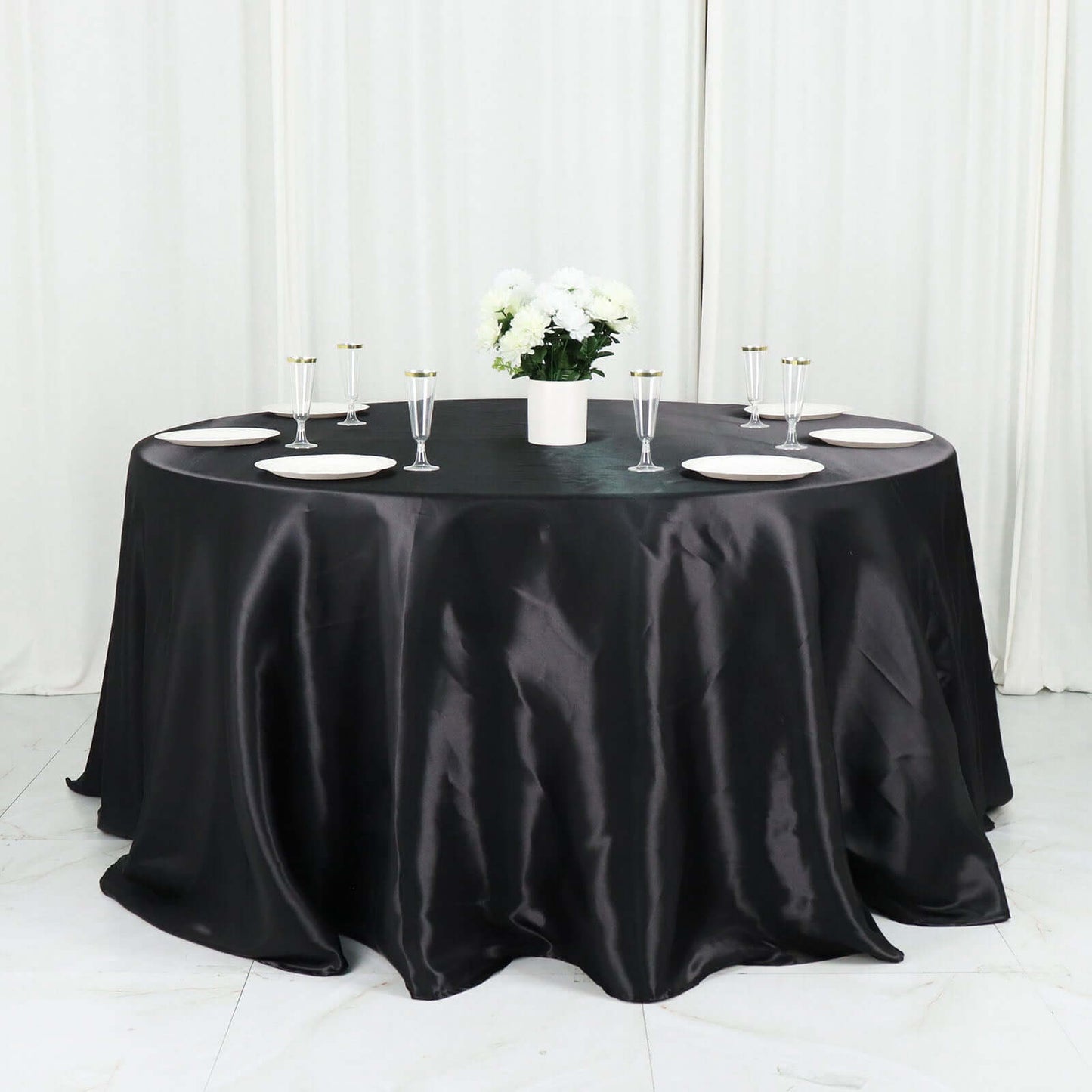 Satin 132" Round Tablecloth Black - Stylish Seamless Table Cover for Weddings & Events