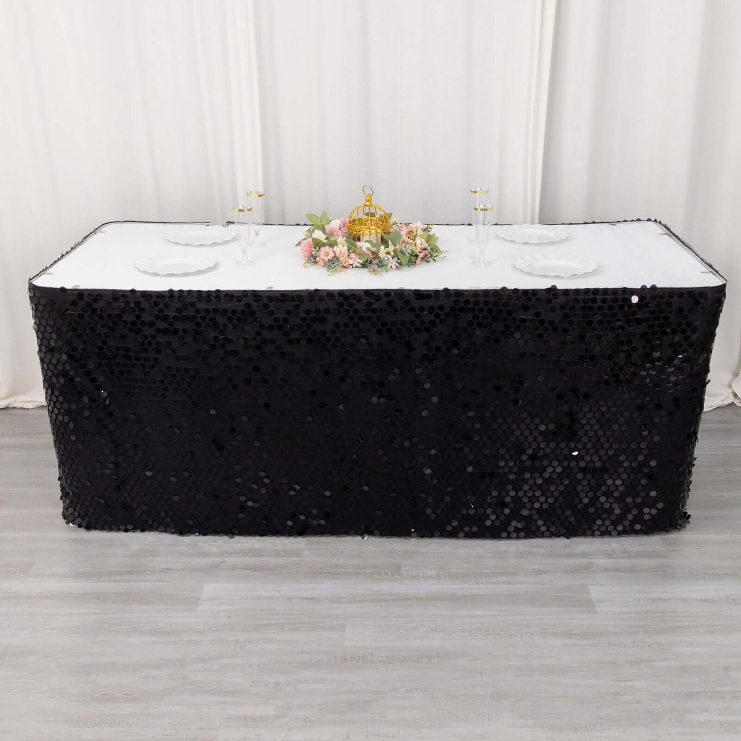 Payette Sequin 21ft Table Skirt Black - Dual Layered Satin Table Cover