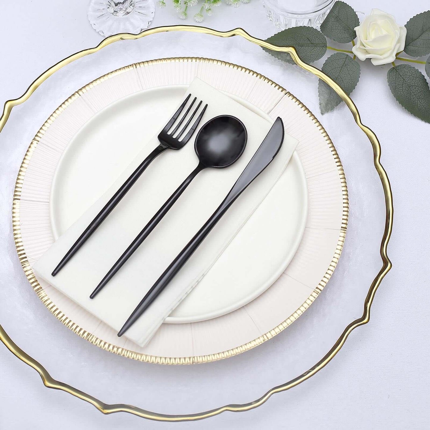 50-Pack Plastic Utensil Set Black - Premium Disposable Heavy Duty Sleek Flatware for Events