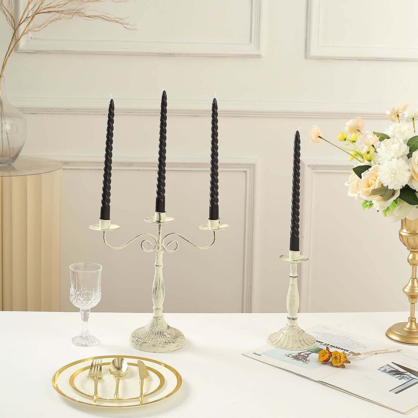 12-Pack Taper Candles Spiral Long Burn Wick Design Black - Premium Unscented Wax Dinner Candle Sticks 11"