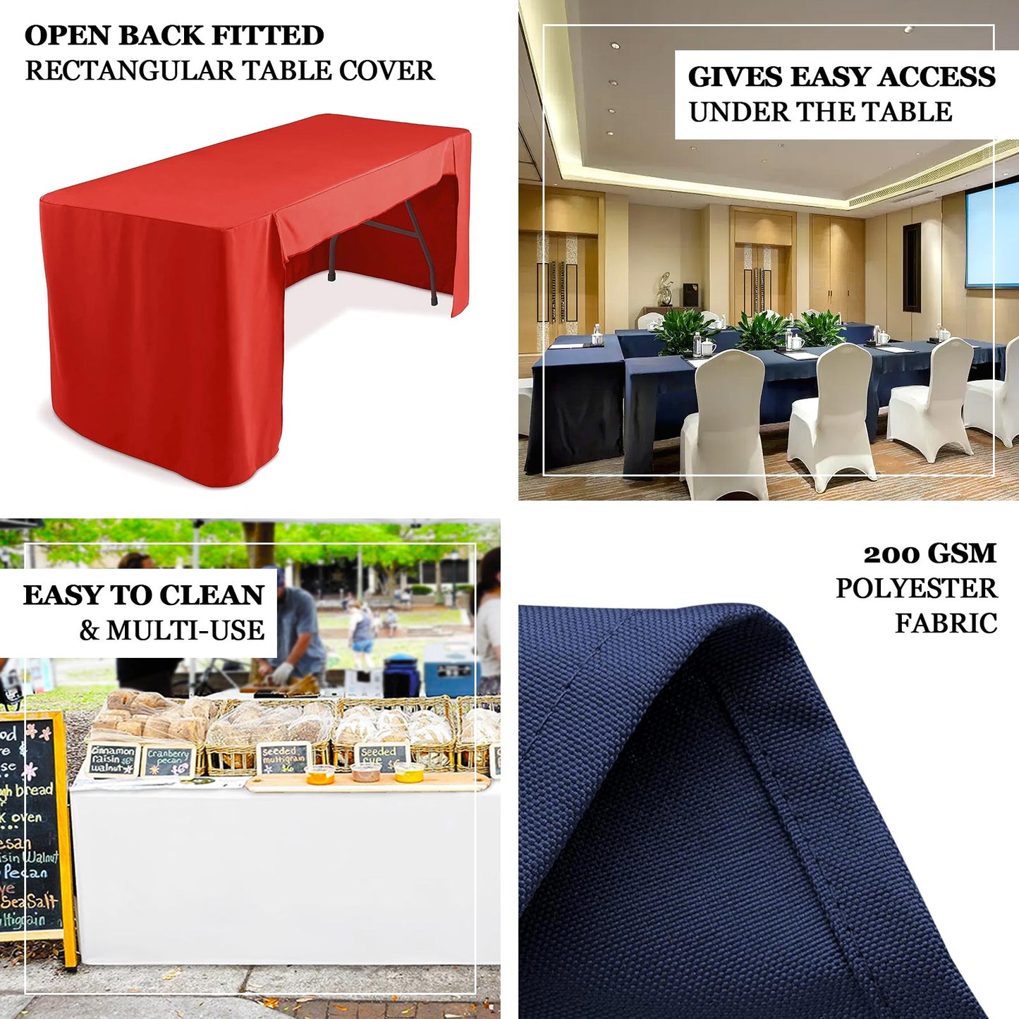 Fitted Polyester 72"x30" Rectangle Tablecloth Black with Open Back Design - Easy to Maintain and Wrinkle-Resistant Table Cover