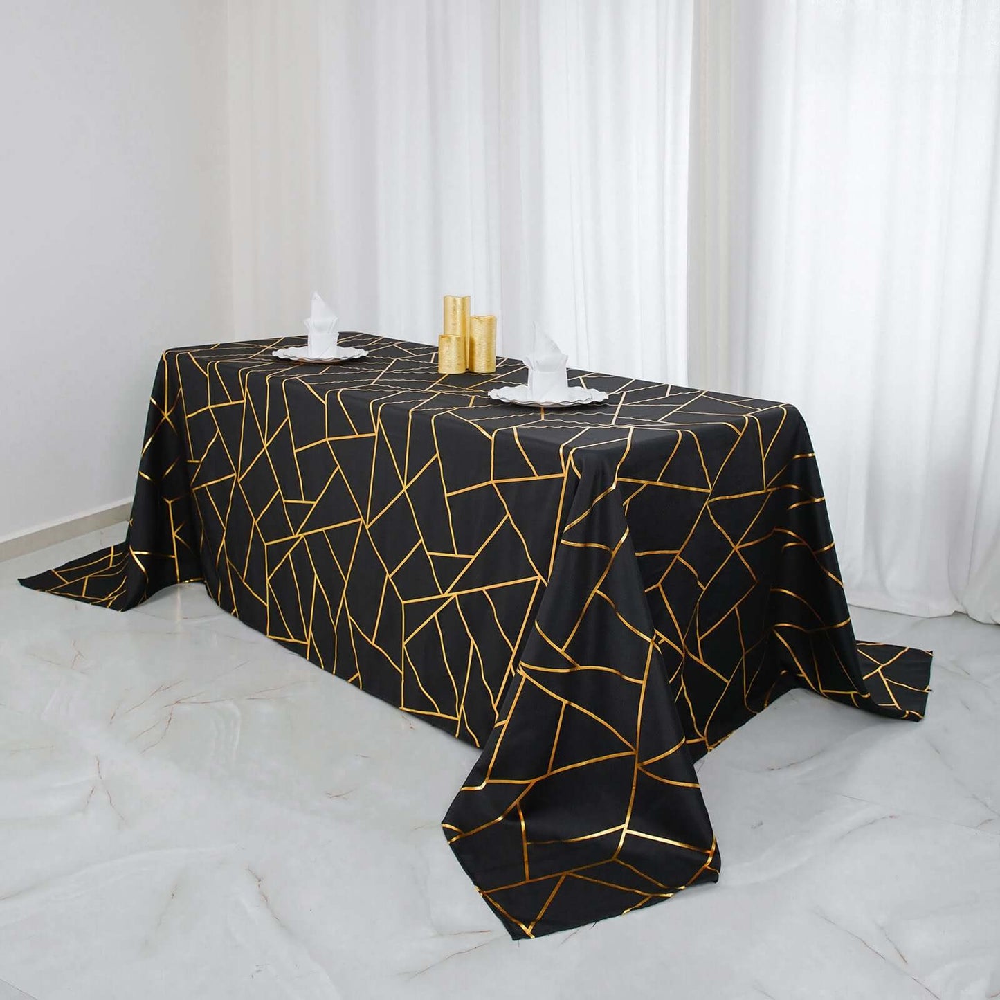 Polyester 90"x132" Rectangle Tablecloth Black Seamless with Gold Foil Geometric Pattern - Wrinkle-Resistant Seamless Table Cover