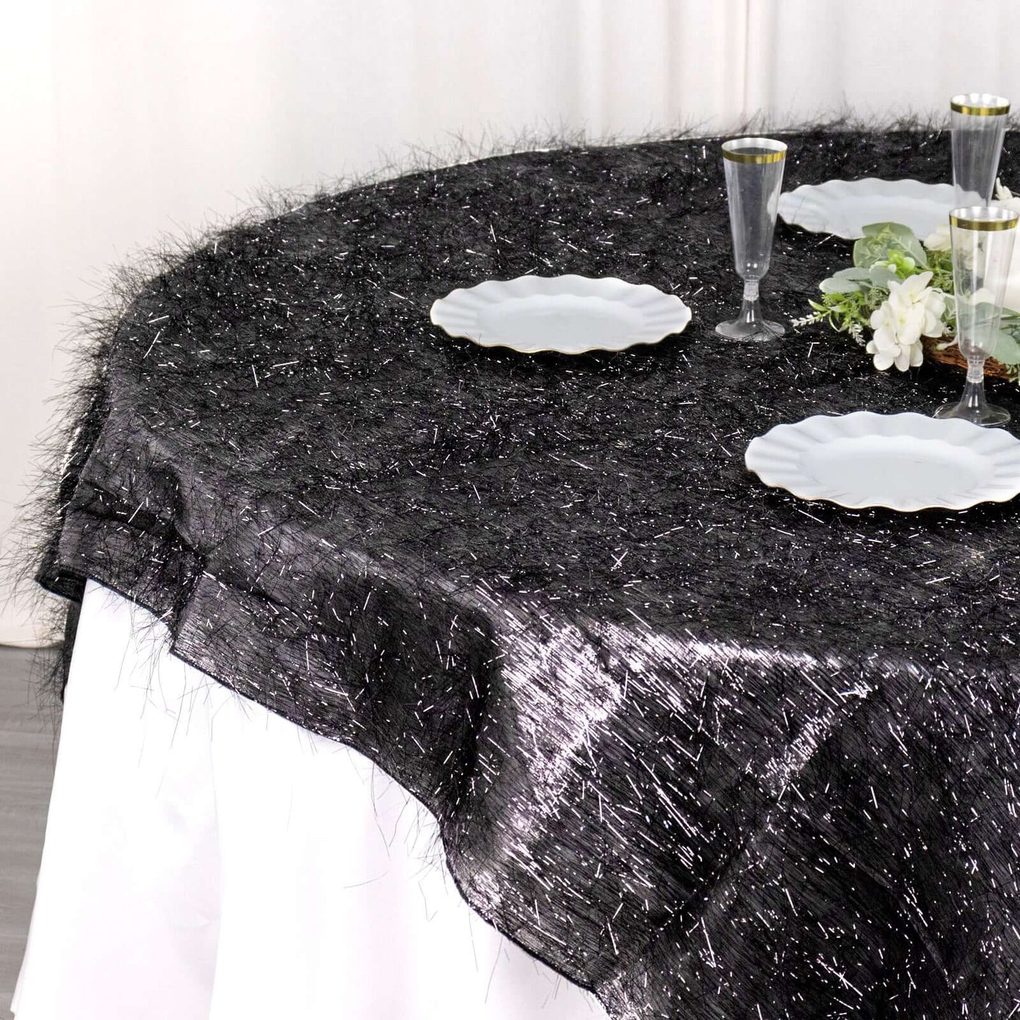 Polyester 72"x72" Table Overlay Square Tablecloth Black - Metallic Fringe Shag Tinsel Table Cover