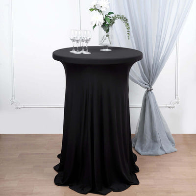 Spandex 30" Round Cocktail Table Cover Skirt Black With Natural Wavy Drapes