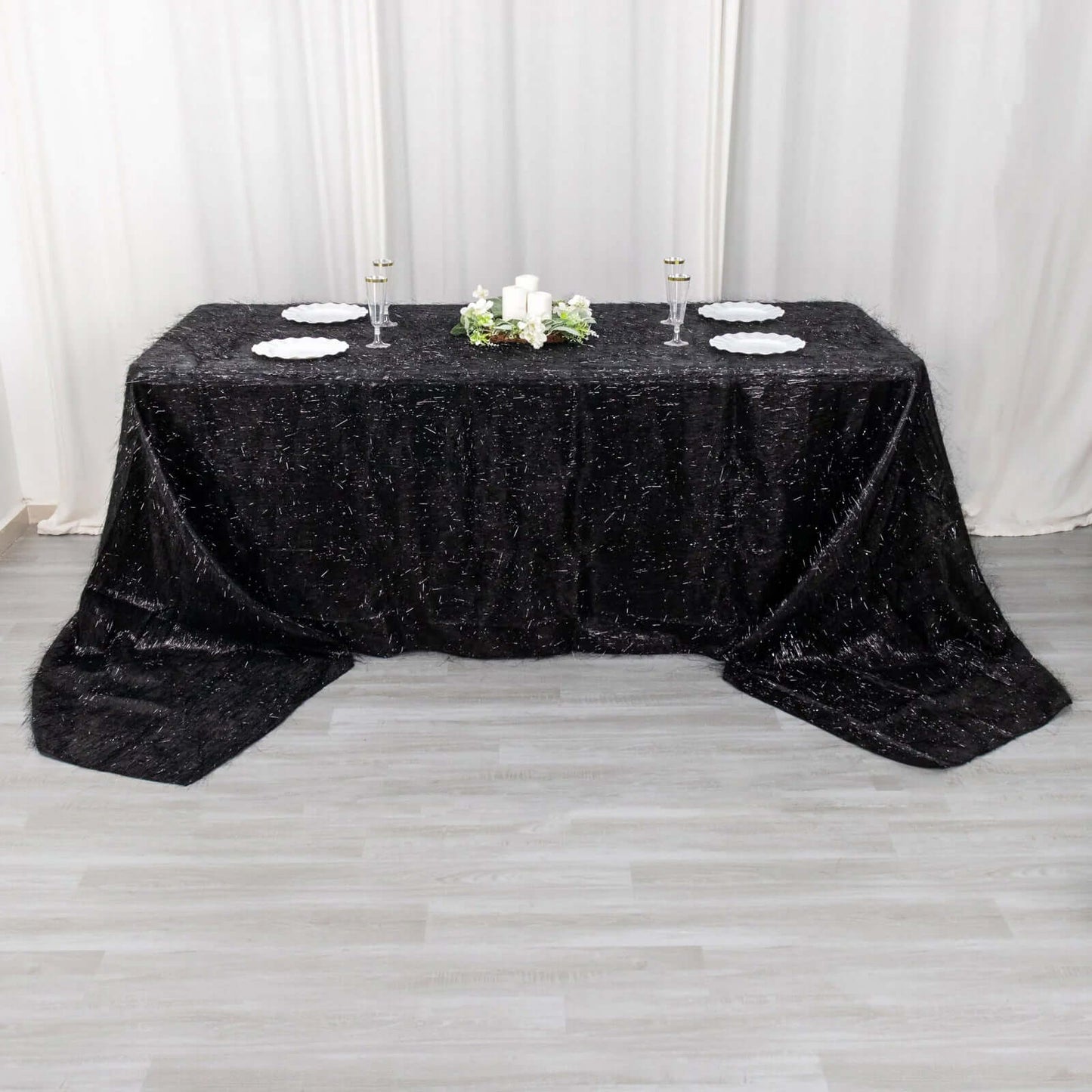 Polyester 90"x156" Rectangle Tablecloth Black Metallic Fringe Shag Tinsel Table Cover