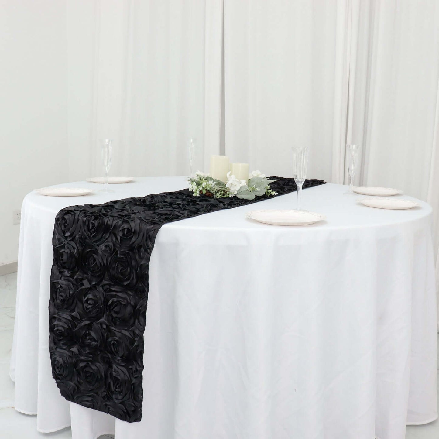 Rosette Satin 14"x108" Table Runner Black - Grandiose Design