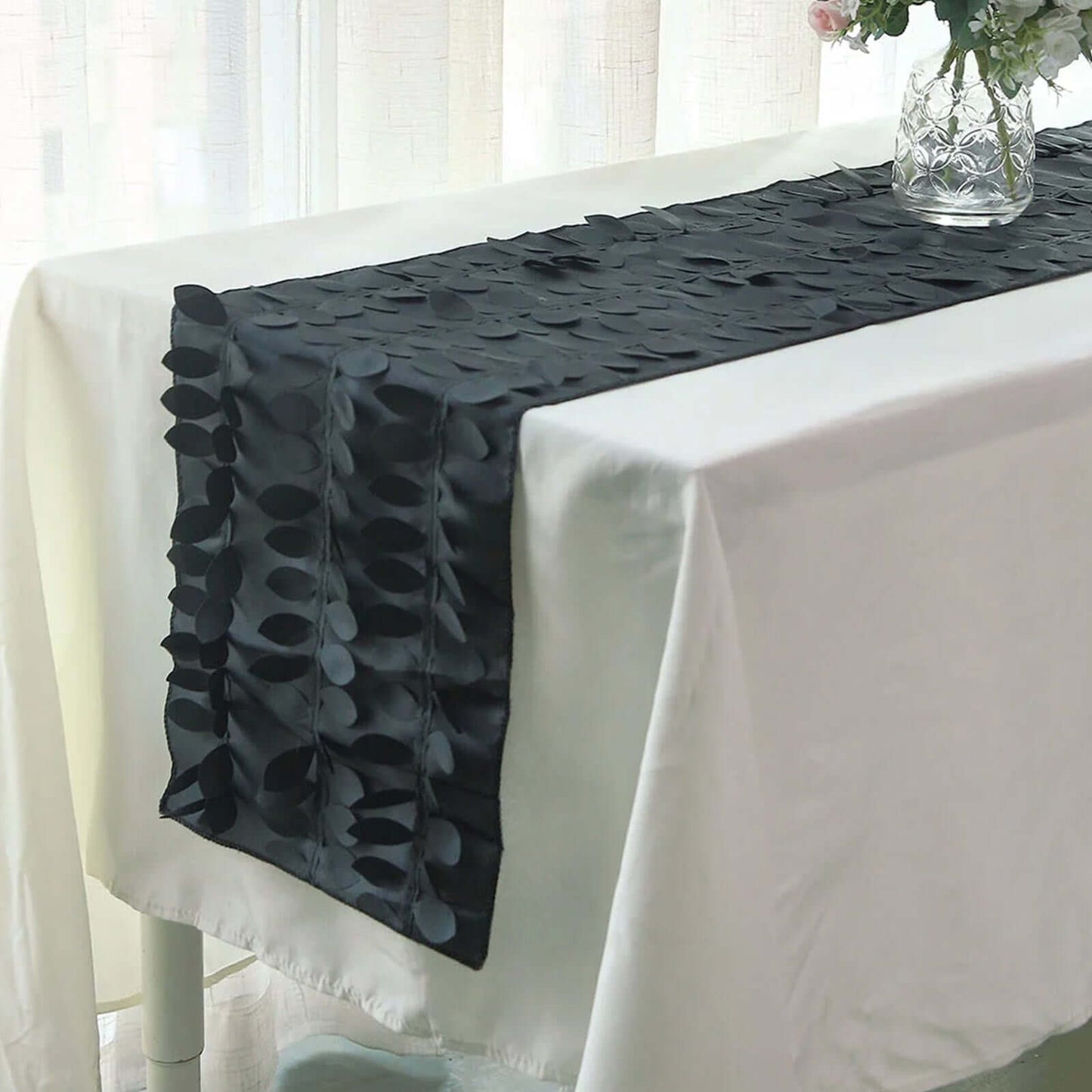 Taffeta Fabric 12"x108" Table Runner Black - 3D Leaf Petal Design