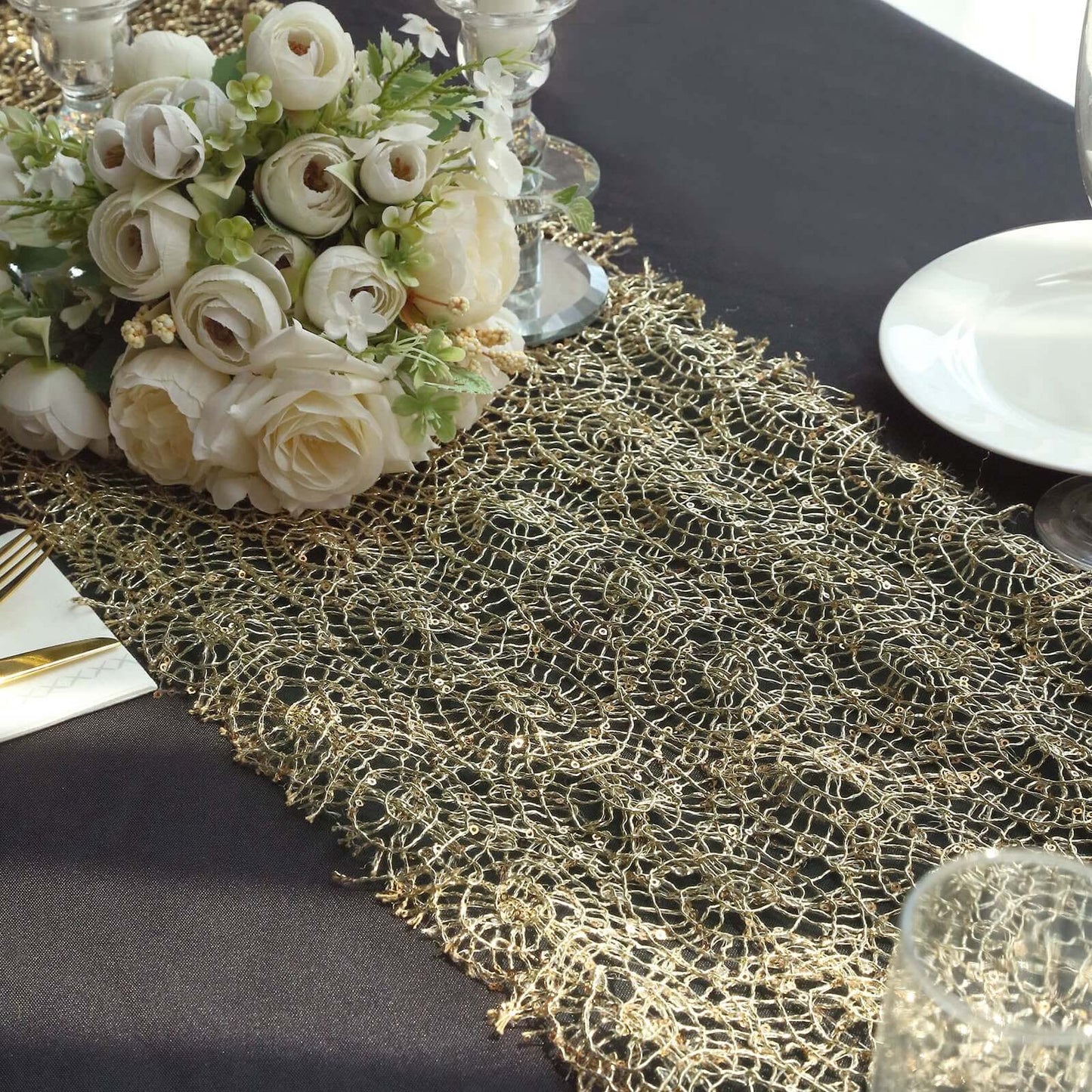 Mesh 12"x108" Table Runner Gold - Sequin Schiffli Lace Design for Stylish Celebrations