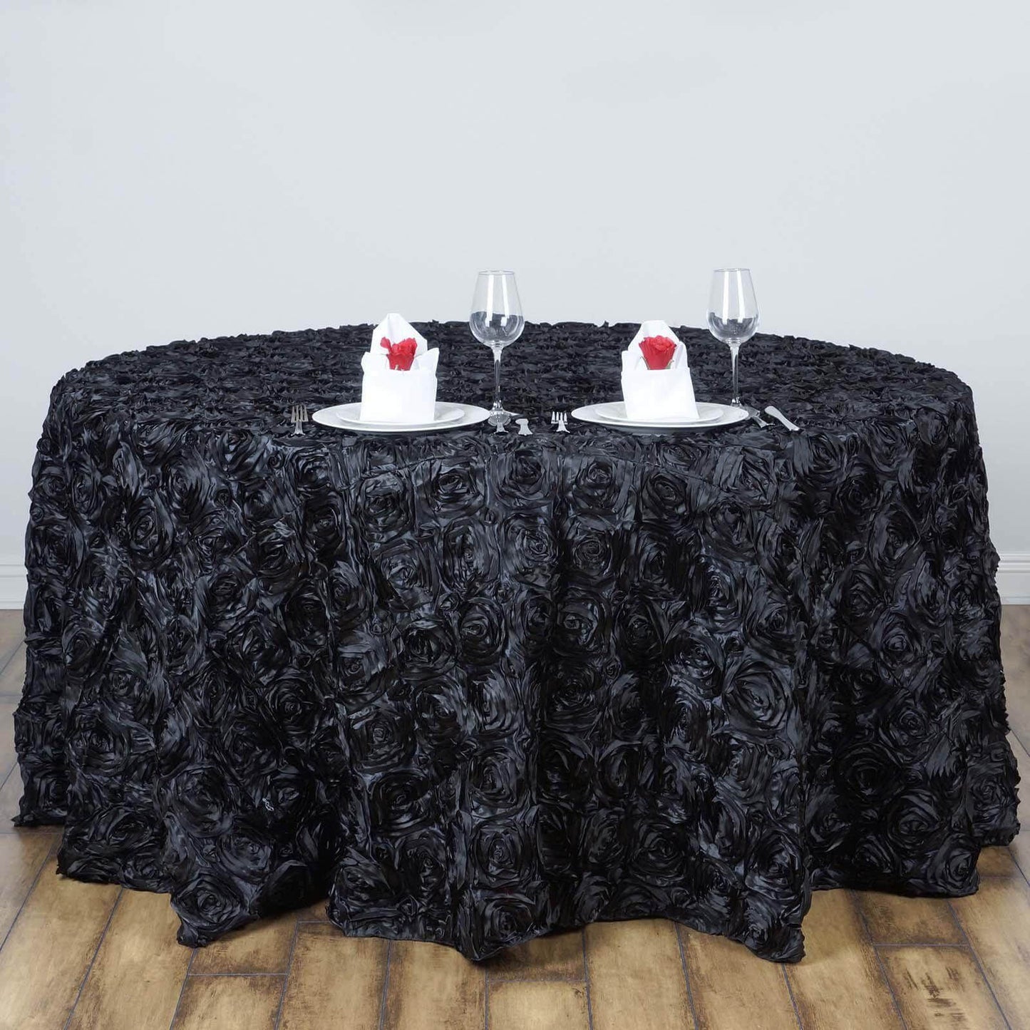 Satin 120" Round Tablecloth Black - Grandiose 3D Rosette with Seamless Finish Table Cover