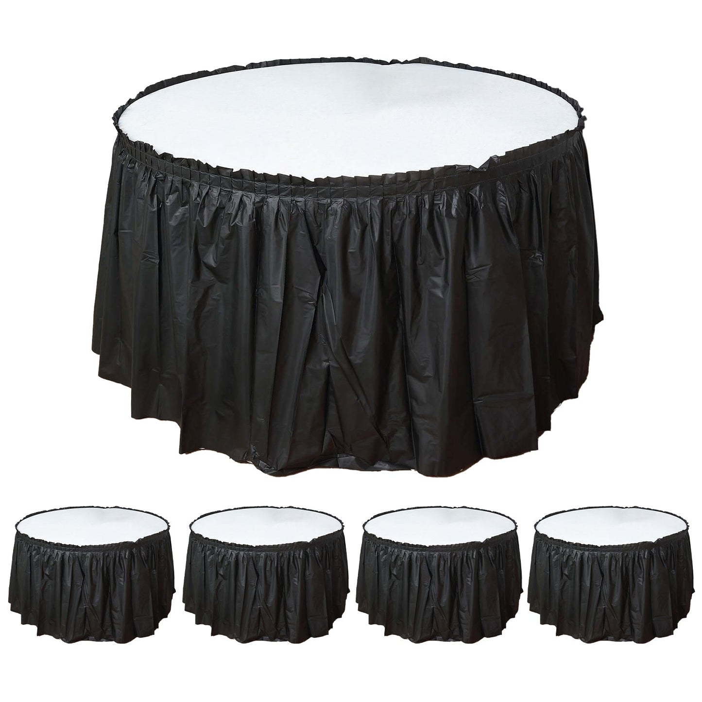 5 Pack Plastic Table Skirts Black Ruffled - Durable Disposable Skirts for Events 14ft