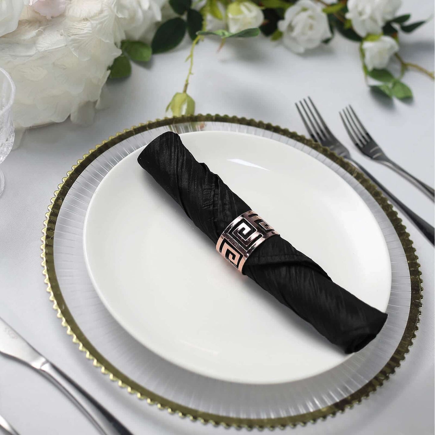 5 Pack Taffeta 20"x20" Napkins Black - Accordion Crinkle Dinner Napkins