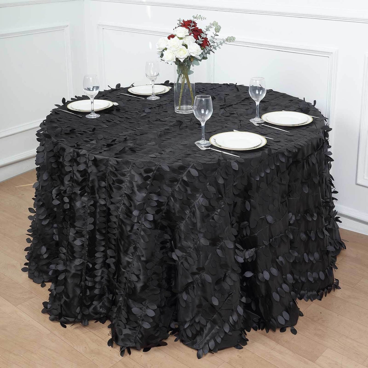 Taffeta 120" Round Tablecloth Black | 3D Leaf Petal Design Seamless Table Cover