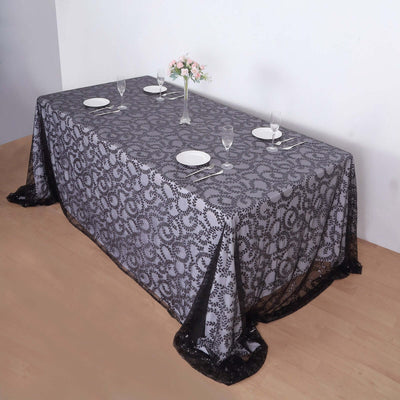 Tulle 90"x156" Rectangle Tablecloth Black - Sequin Leaf Embroidered Table Cover