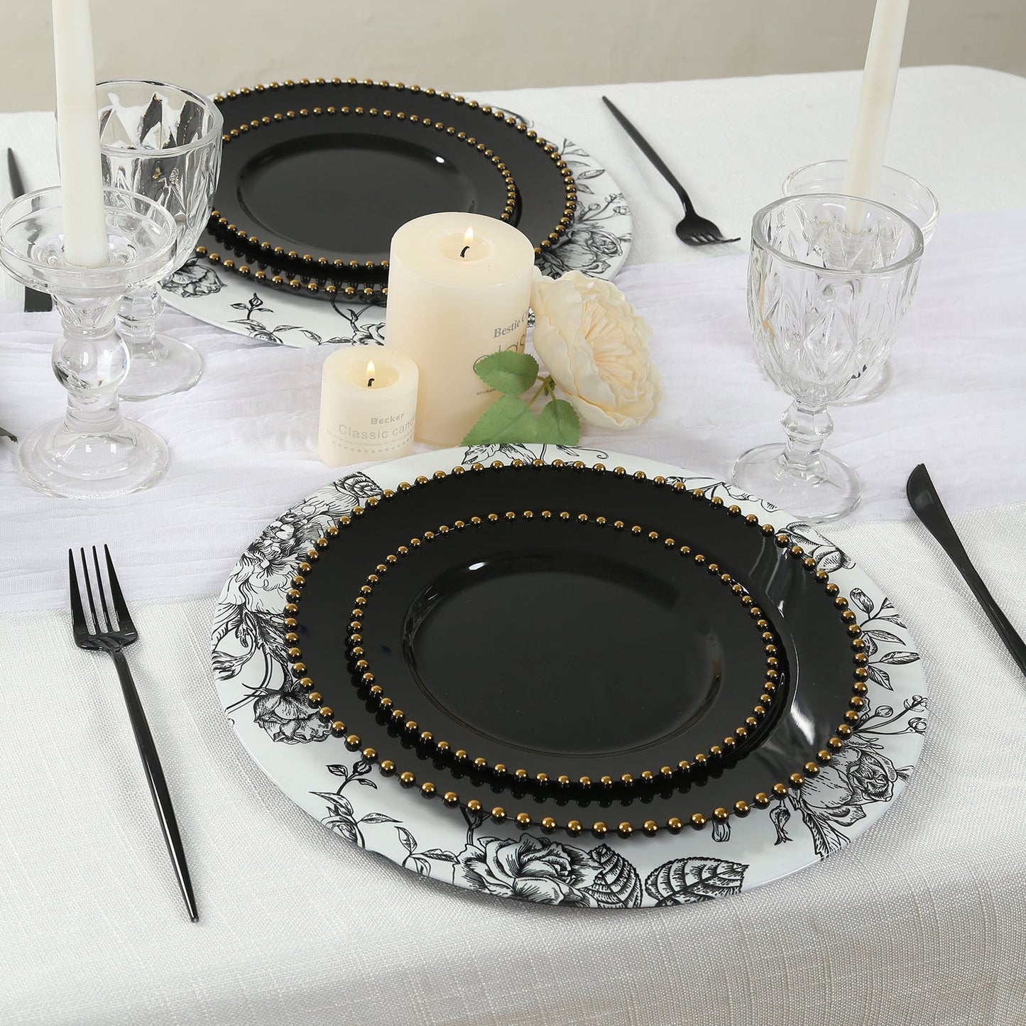 6-Pack Acrylic Round Charger Plates 13" in White with Black Floral French Toile Pattern, Decorative Dinner Party Charger Tableware