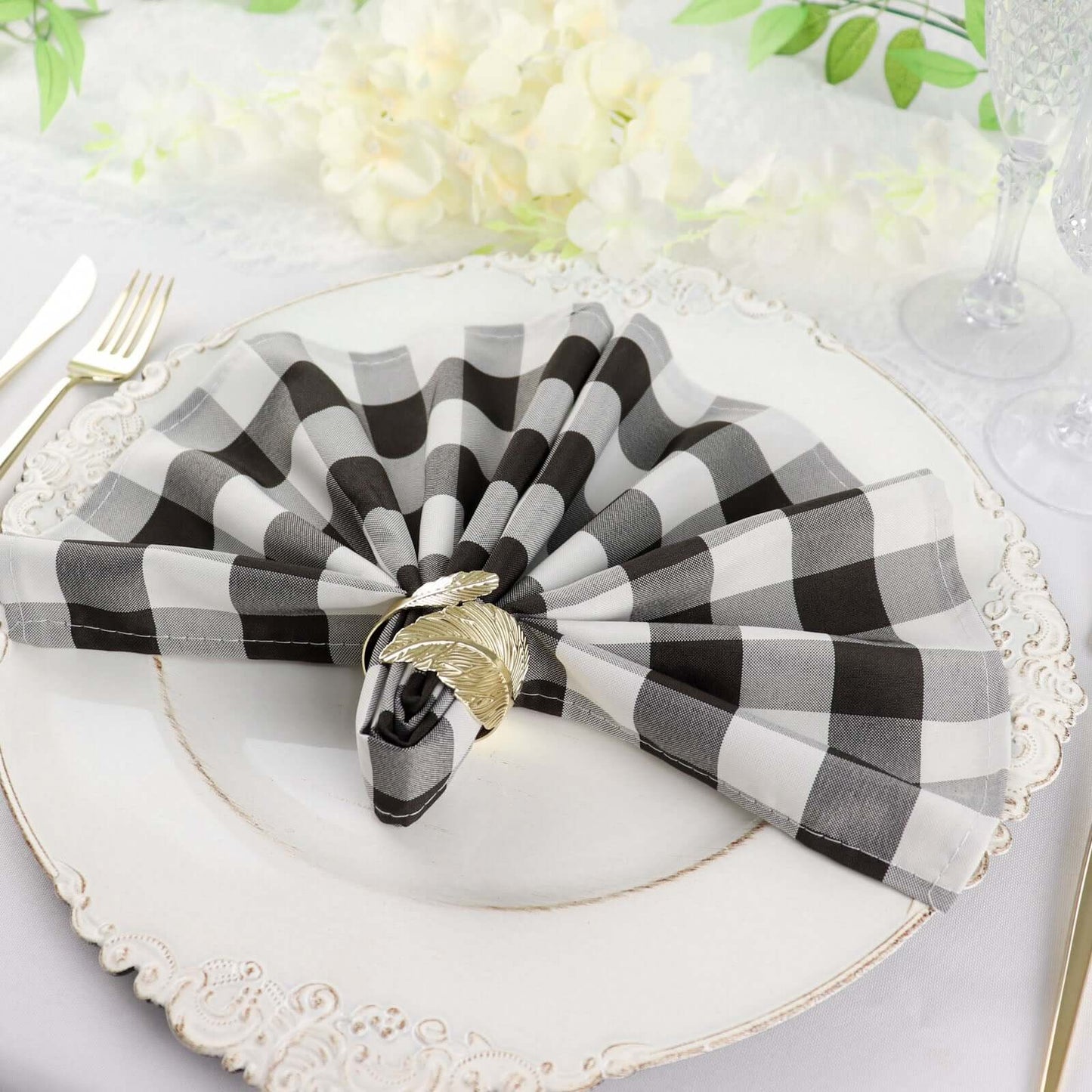 5 Pack Polyester 15"x15" Napkins Black/White Buffalo Plaid Gingham Style Cloth Napkins for Casual & Outdoor Dining